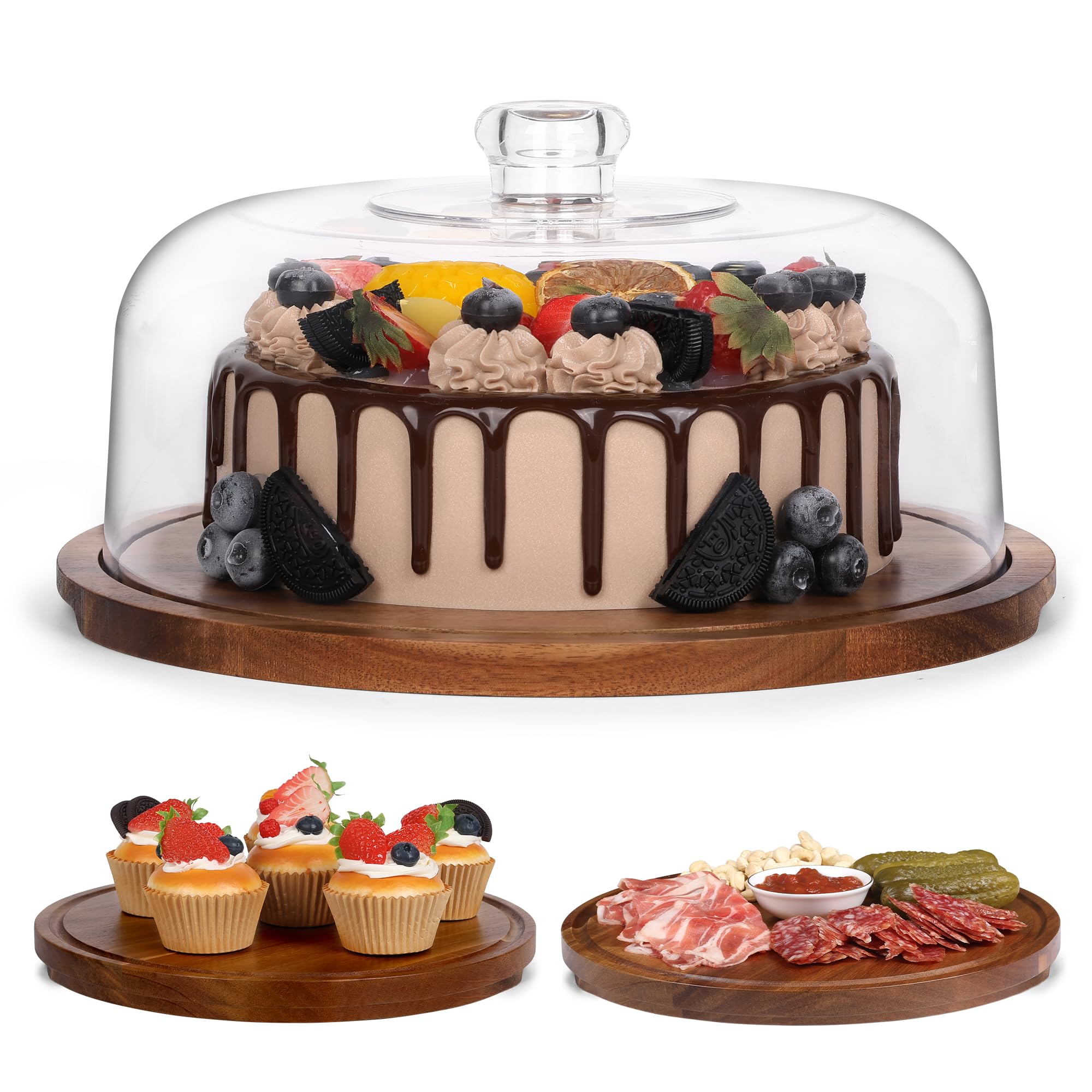 Cake Stand with Clear Acrylic Dome Lid, 12’’ Acacia Wood Cake Holder