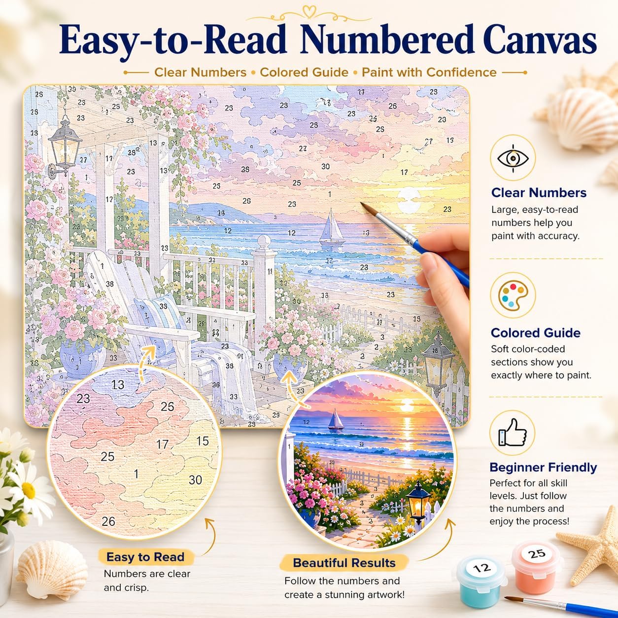 Bemaystar Paint by Numbers Kit for Adults, Beach Sunset Paint by Numbers on Canvas, DIY Landscape Acrylic Painting for Beginners, Relaxing Hobby and Home Wall Decor Gift 16x20 Inch （Without Frame） image 4