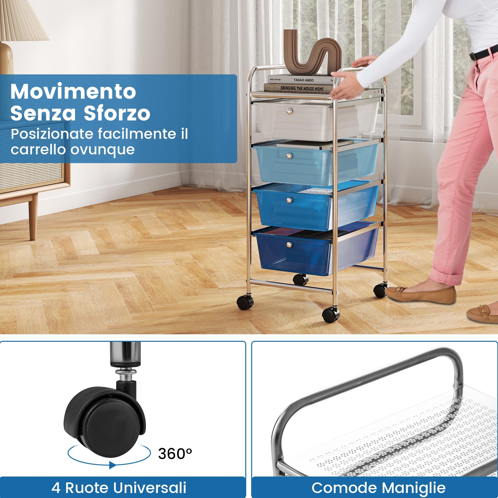 COSTWAY Carrello Portaoggetti con 4 Cassetti, Cassettiera Rimovibili in Plastica, Carrello di Stoccaggio con Ruote per Casa Bagno e Ufficio, 37x32x76 cm (Blu)