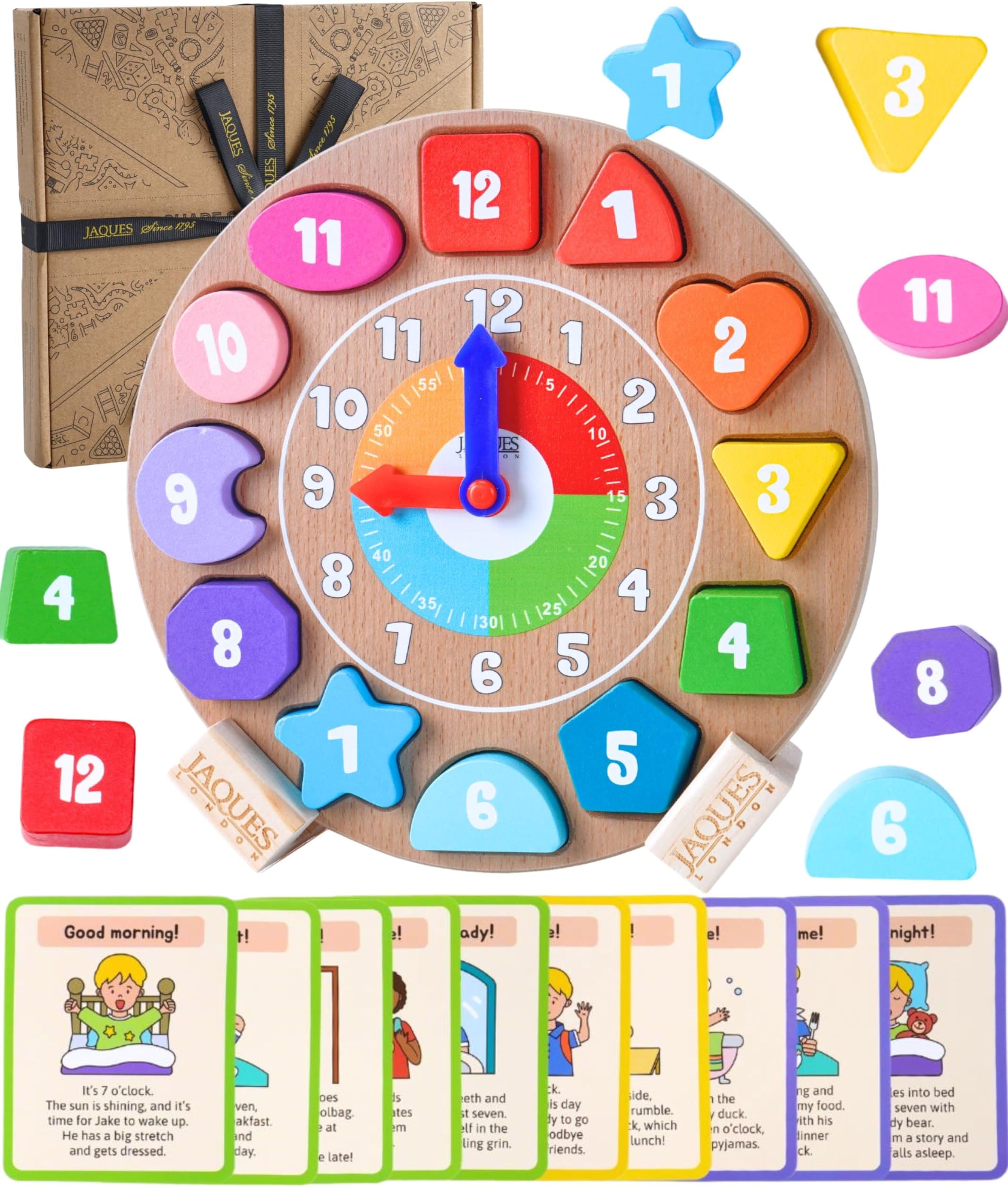 Jaques of London Wooden Kids Learning Clock with Daily Routine Cards | Montessori Toys Teaching Clock for Toddlers & Preschoolers | Since 1795
