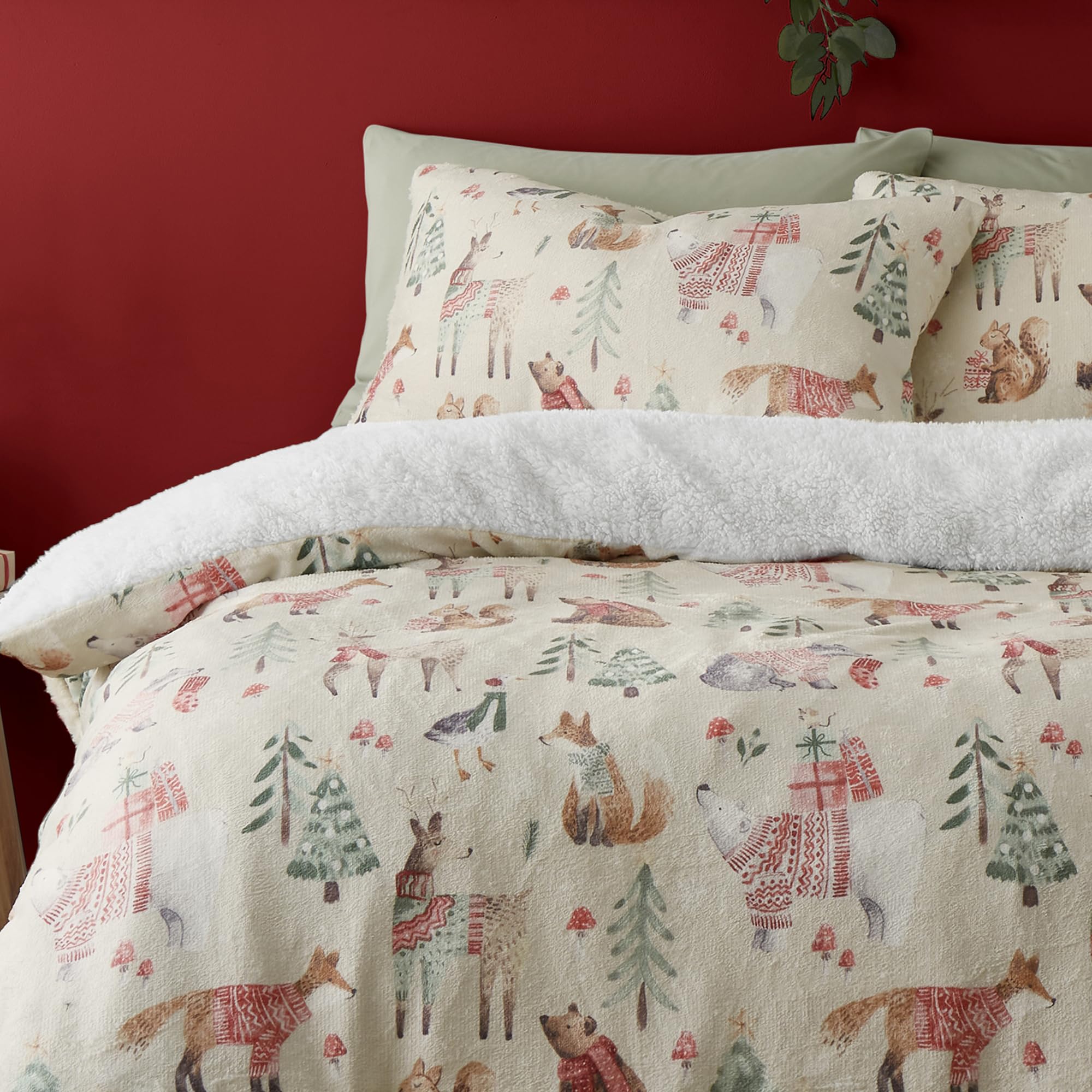 Fusion - Funda nórdica de forro polar con animales del bosque - 230 x 220 cm - Diseño reversible - 2 fundas de almohada - Ropa de cama Woodland en color natural - Ropa de cama navideña natural