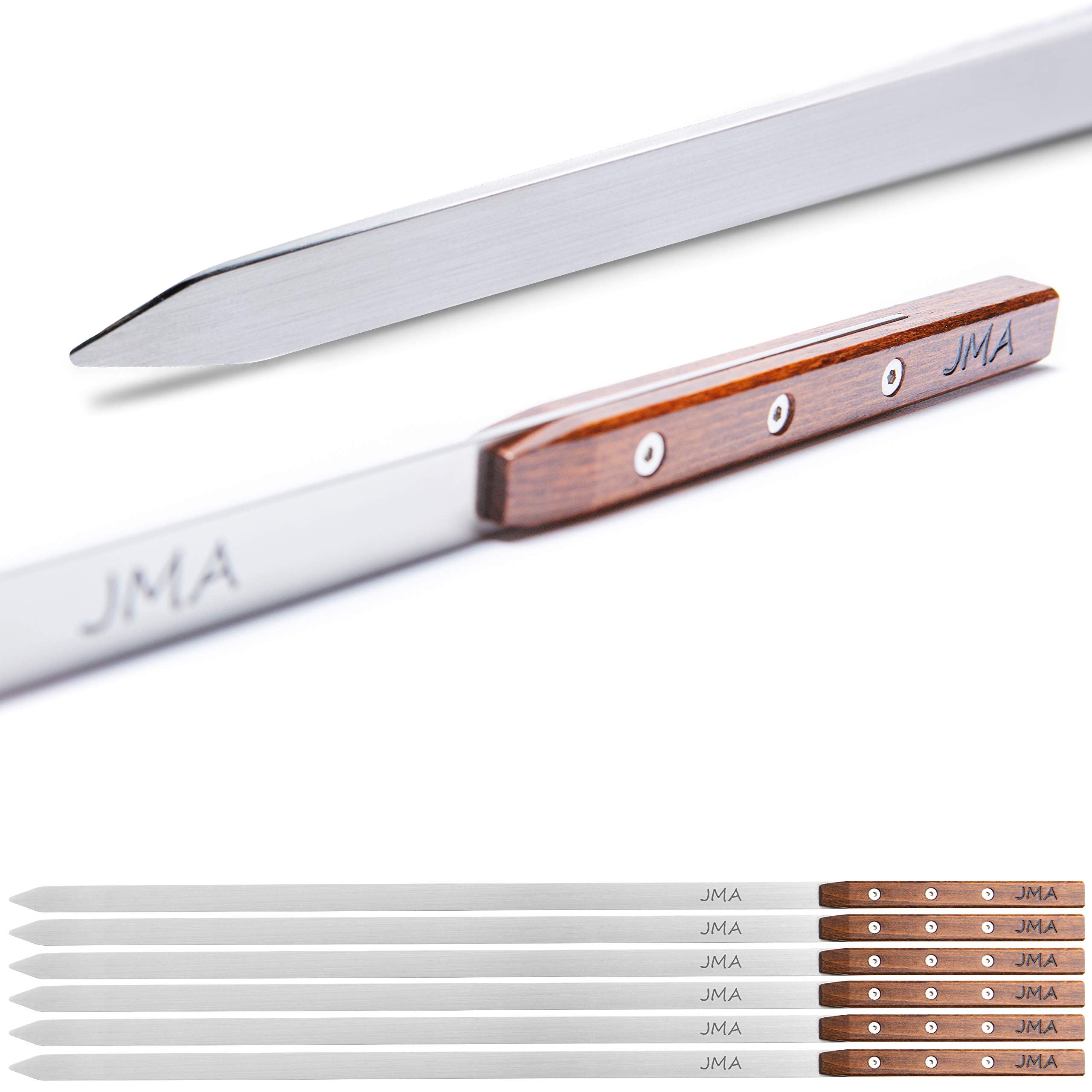 JMA® Spiedini da barbecue Noble (6 pezzi) in acciaio inox - ideale per l'uomo - Spiedini extra lunghi per il barbecue (53 cm) - Manico in legno di faggio - Fatto a mano in Germania