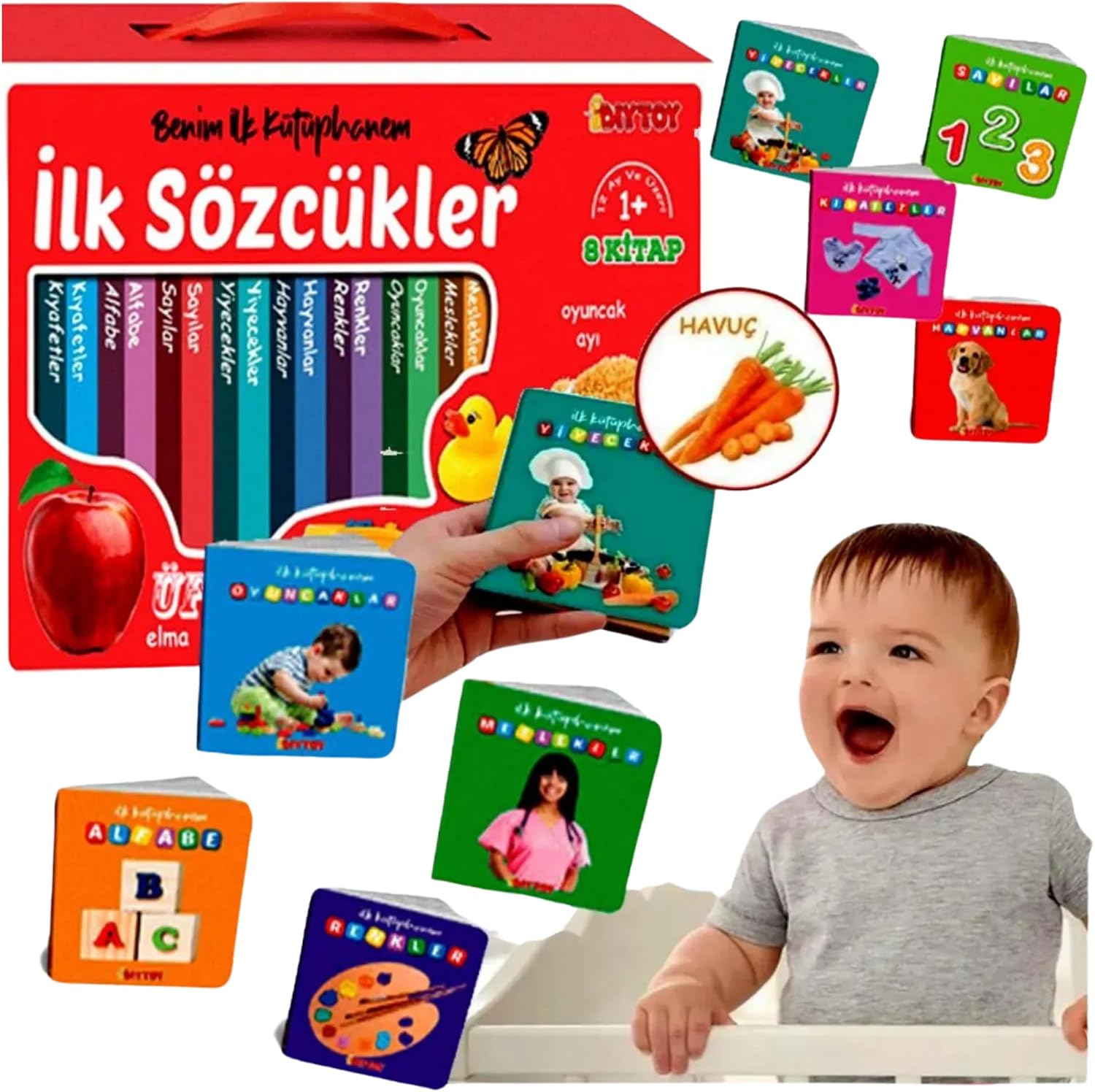 Oyuncak İlk Bebek Kütüphanem 8'li Kitap Set 1-Alfabe 2-Sayı 3-Renk 4-Hayvan 5-Meslek 6-Yiyecek 7-Kıyafet 8-Oyuncaklar