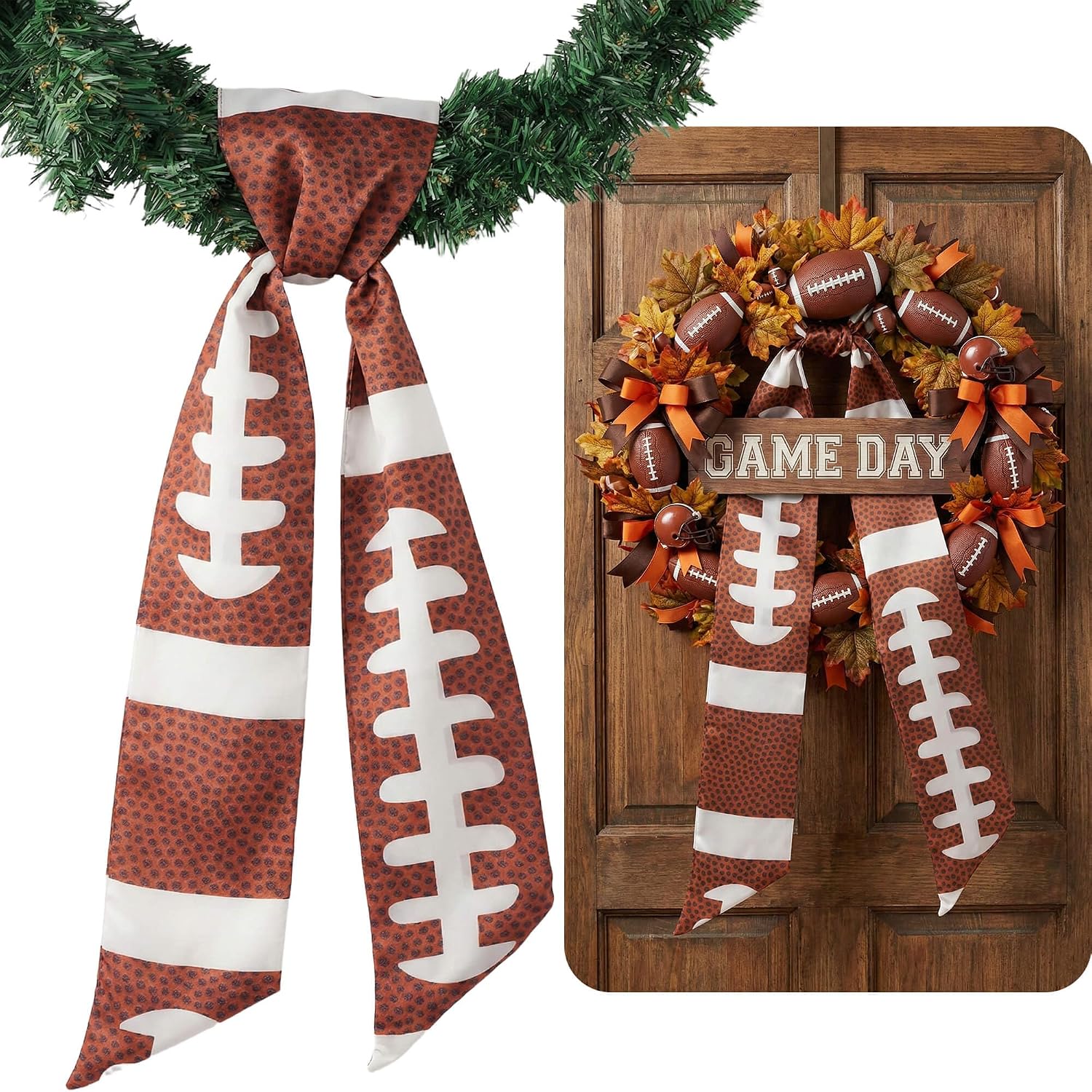 YKW Football Satin Ribbon 55x5 Inch Brown Bow for Wreath Door Decor, Sports Theme Sash for Game Day Party Super Bowl Playoff (Football)
