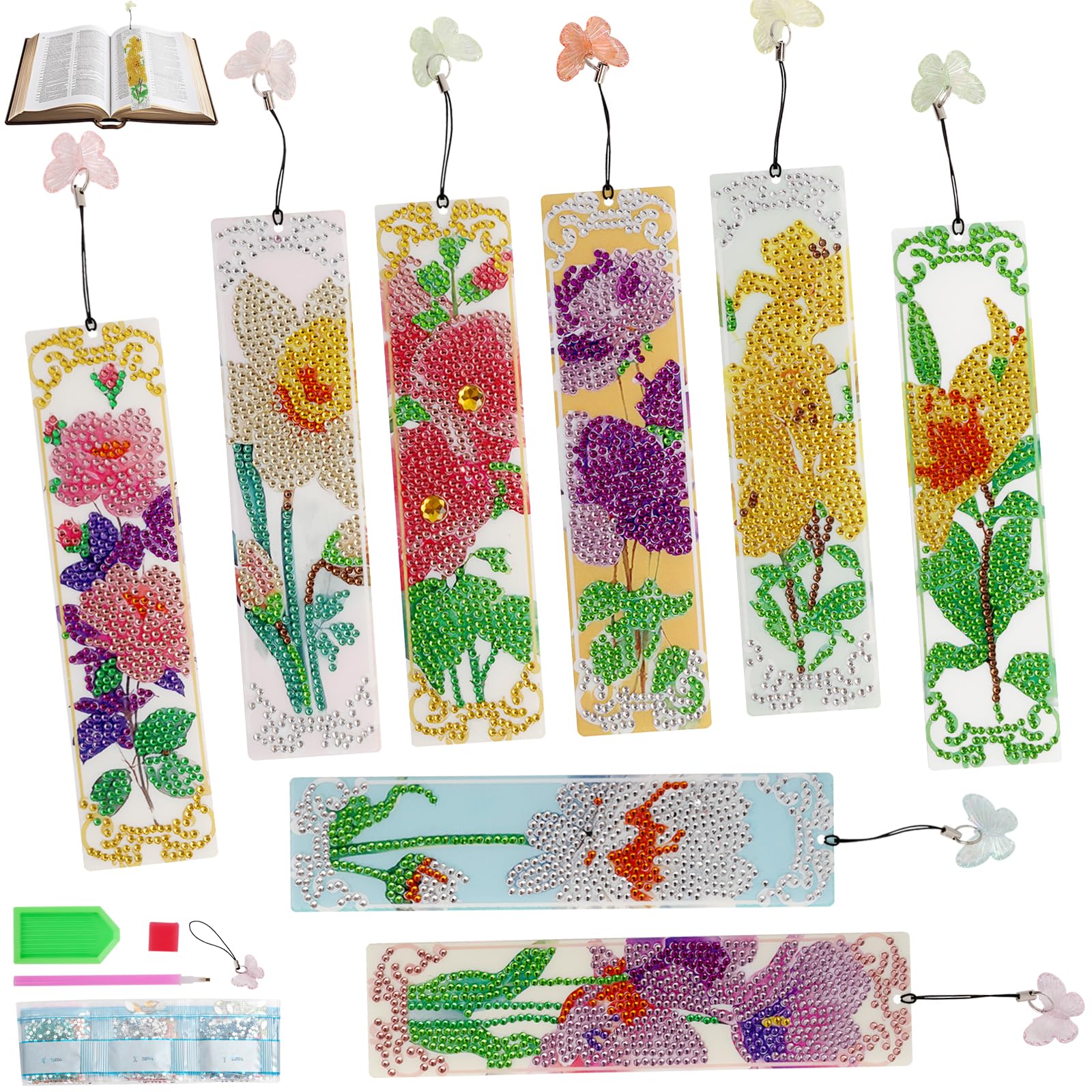 8Pcs Diamond Art Bookmarks, DIY Diamond Painting Bookmarks Kits, with Butterfly Pendants for Book Lovers, Handmade Art Crafts for Women Men (Colorful 2)
