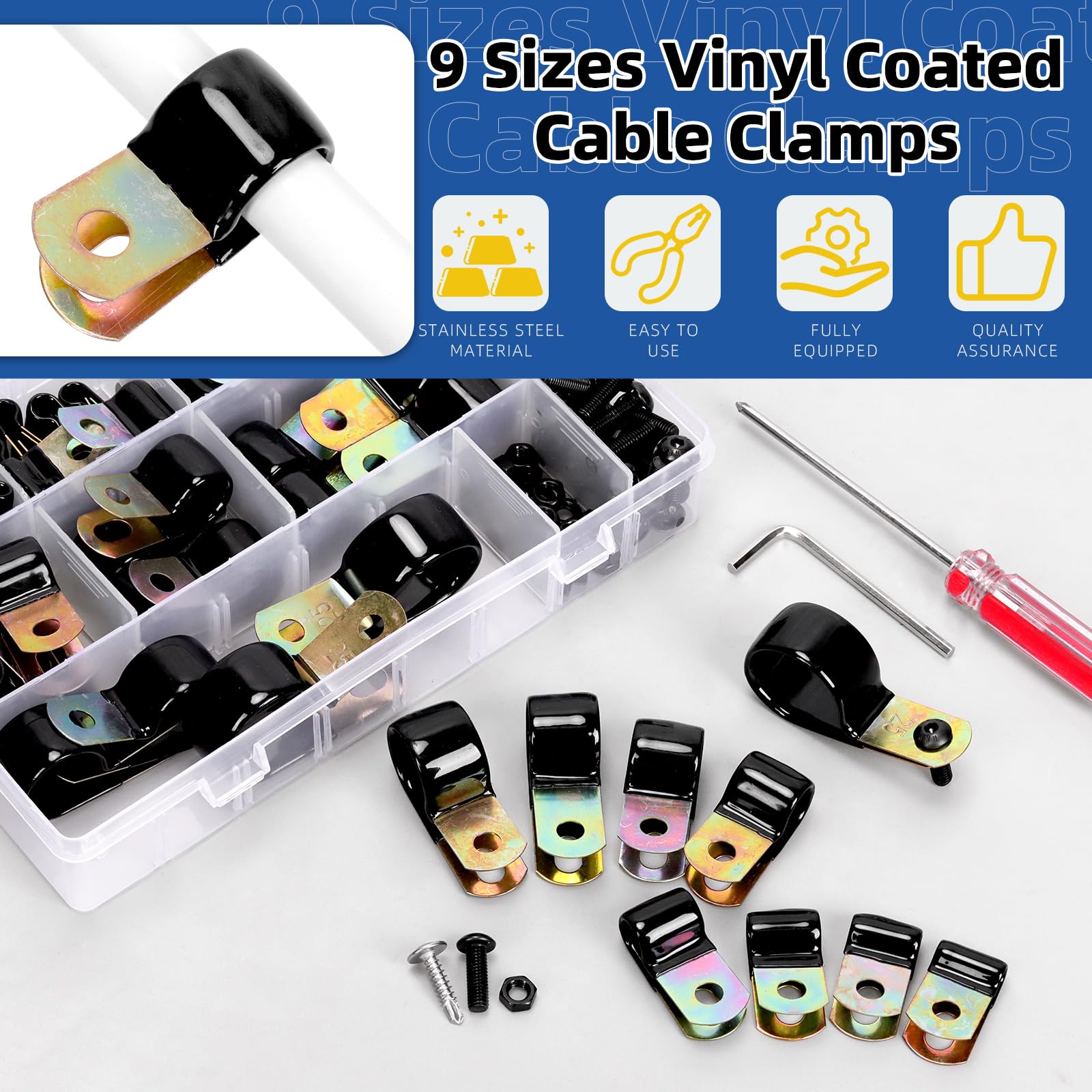 Glarks 160pcs 5/6/8/10/12/14/16/20/25mm Vinyl Coated Cable Clamps Set, Metal Wire Clamps - Image 3
