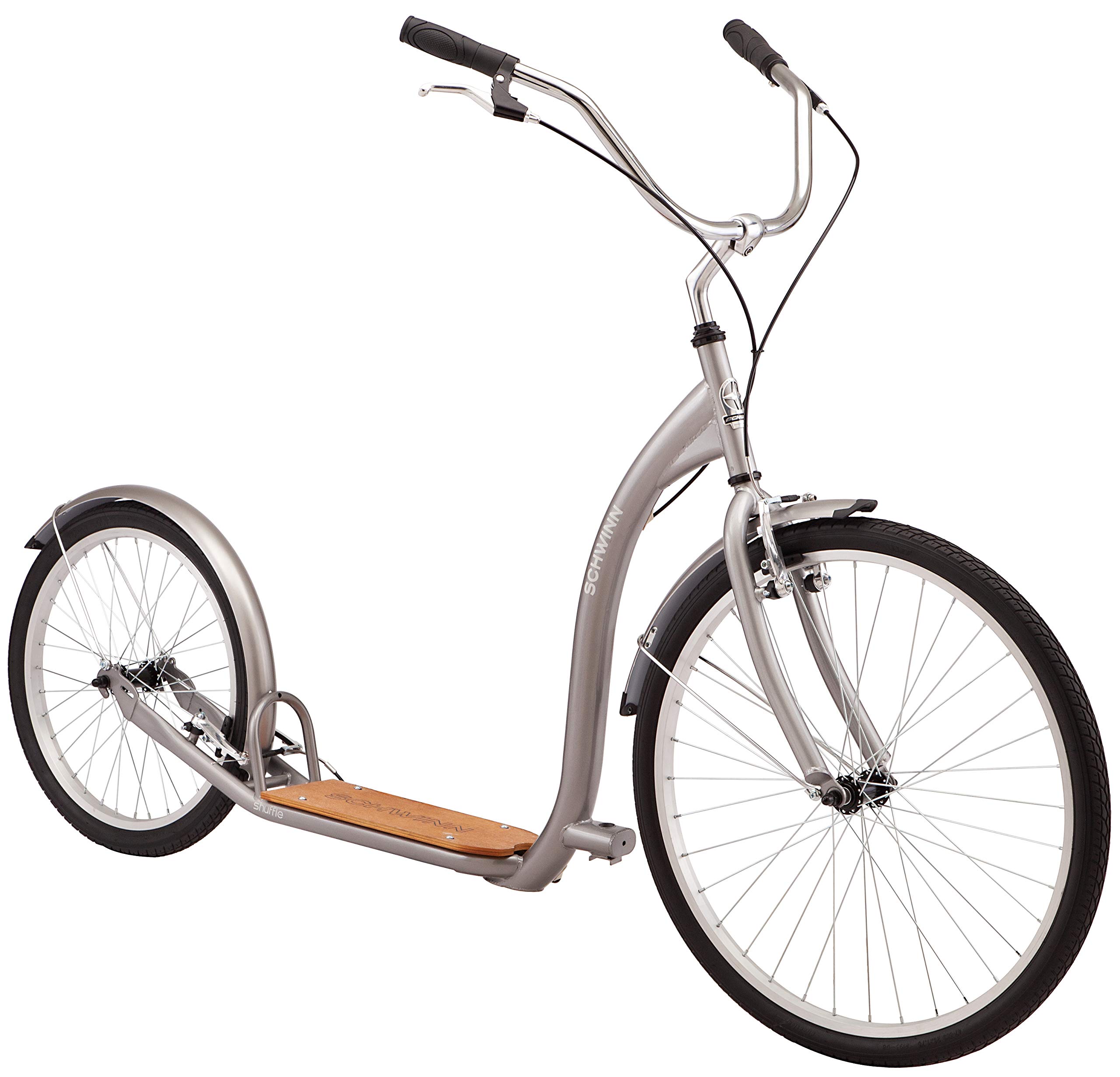 Schwinn Shuffle Adult Scooter, 26-Inch Front Wheel, 20-Inch Rear Wheel, Alloy Linear Pull Brakes, Steel Frame, Grey