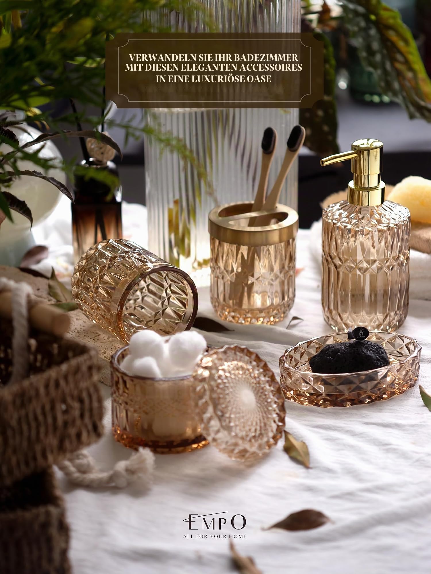 EMPO 6-teiliges Badezimmer-Zubehör-Set aus klarem Glas (Lotion-Seifenspender, Seifenschale, Zahnbürstenhalter, Becher, Wattestäbchen-Glas), Moderne Dekoration, Kristall-Vintage-Geschenk (Braun)