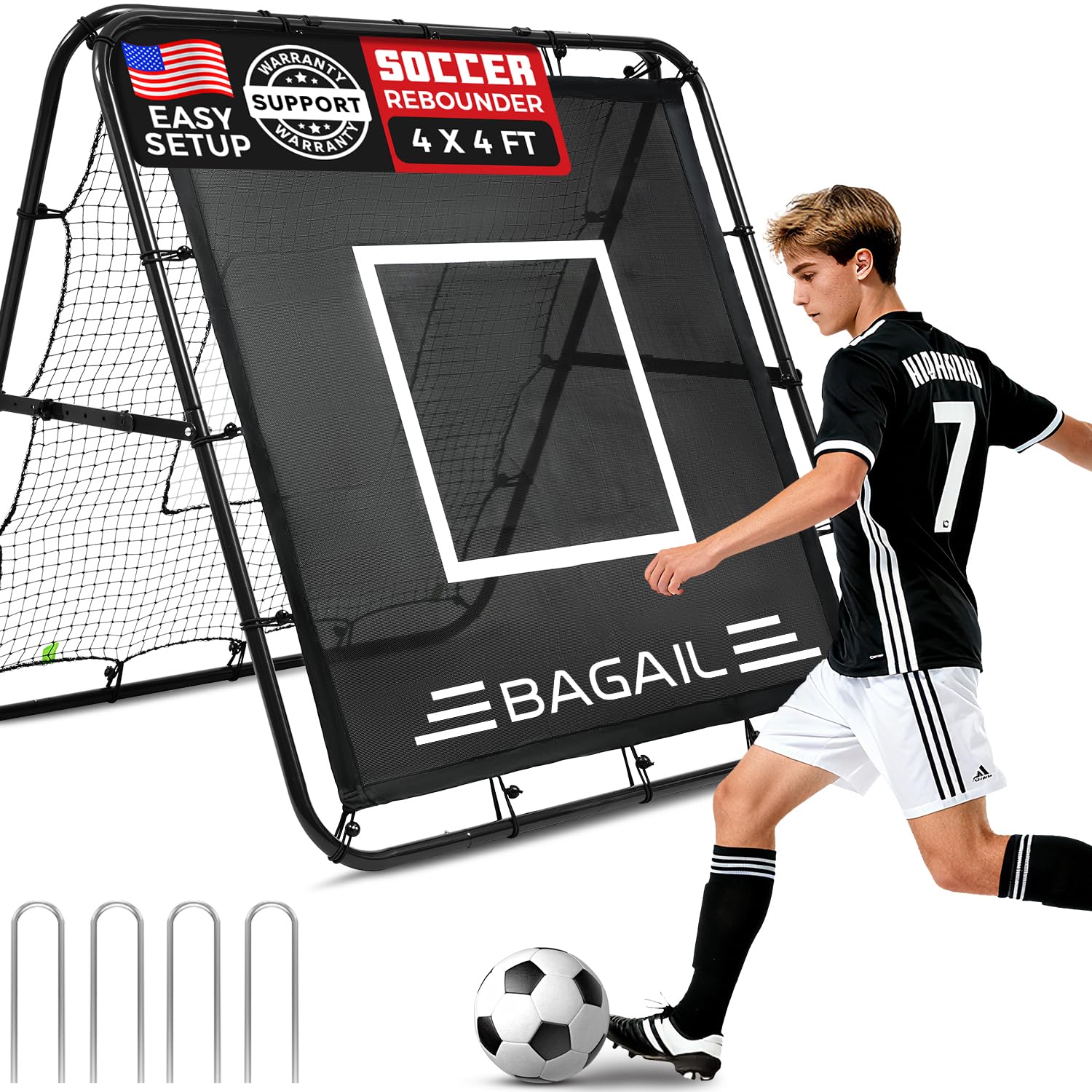 BAGAIL Doppelseitiges Rebounder-Netz, Fußballnetze, verstellbare Winkel, anpassbare Struktur, Rebound-Netz mit Ziel für Geschicklichkeitstraining, tragbare Fußballtore für den Garten, 120x120cm