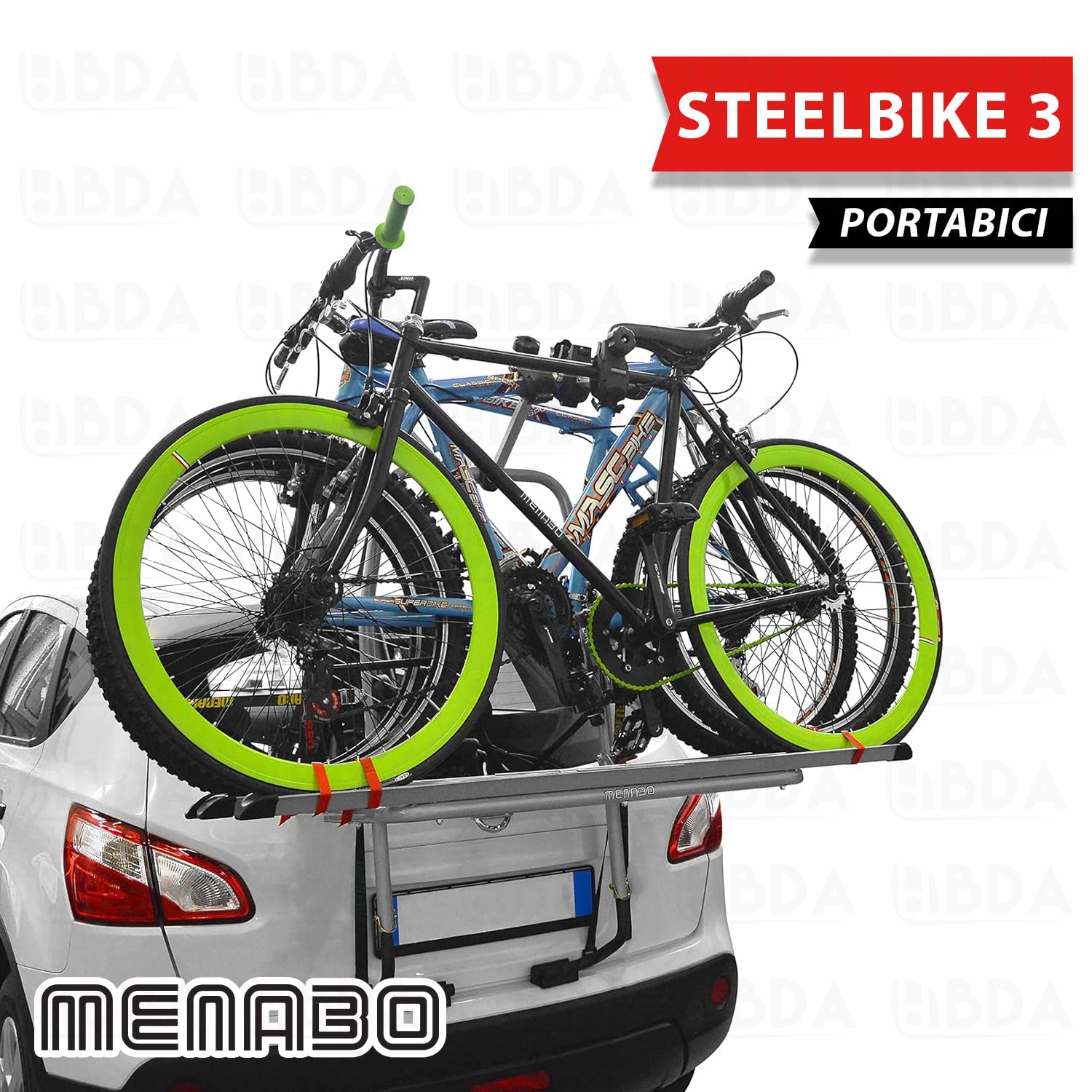 Portabici posteriore per auto da 3 bike Menabò modello STEELBIKE 3 in acciaio per NISSAN Qashqai/Dualis (J11) 5P. dal 2017 al 2021