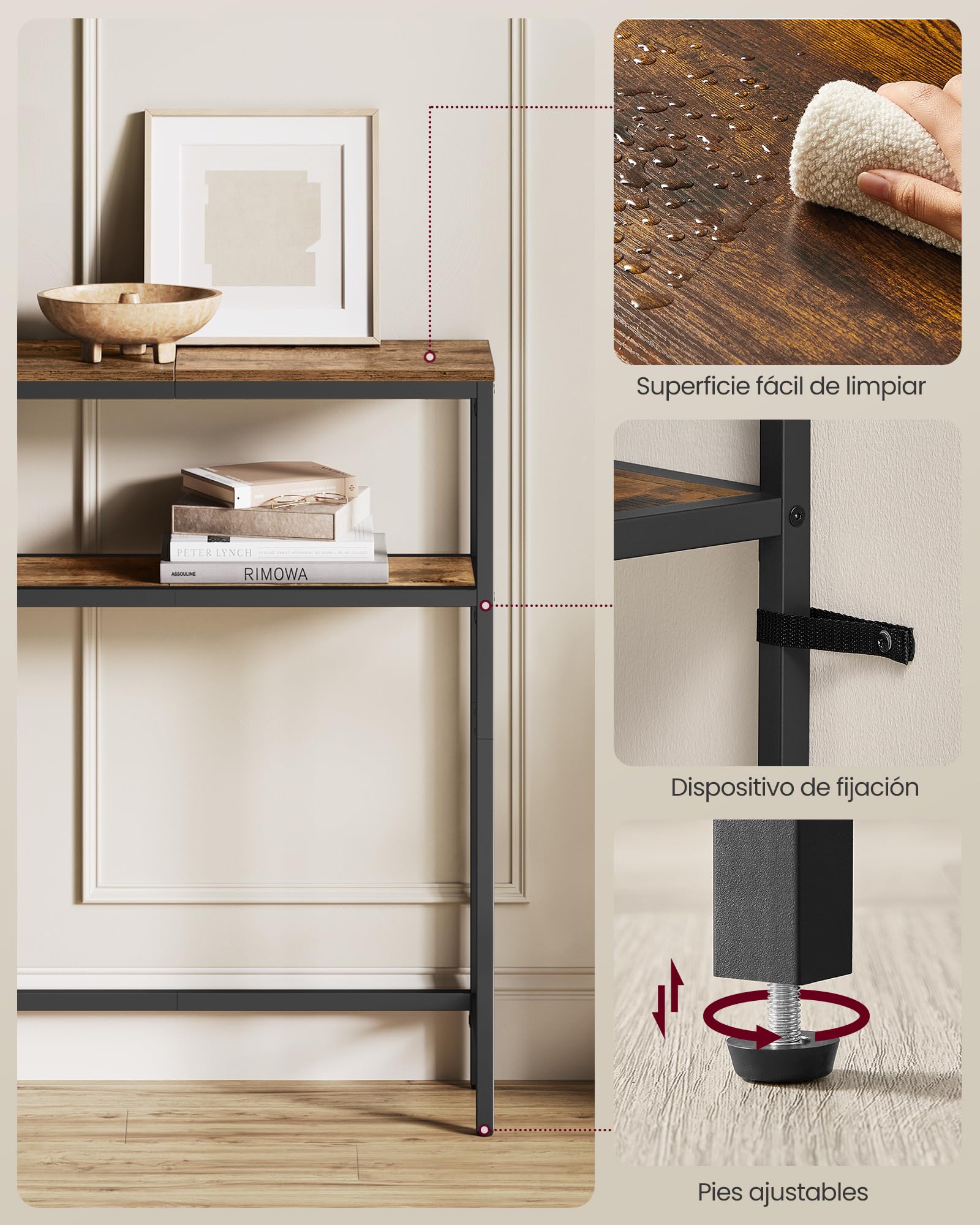 VASAGLE Mesa de Consola de 2 Niveles, Mesa Auxiliar con 2 Estantes, 20 x 80 x 80 cm, para Sala de Estar, Pasillo, Recibidor, Marrón Rústico y Negro Tinta LNT130K01