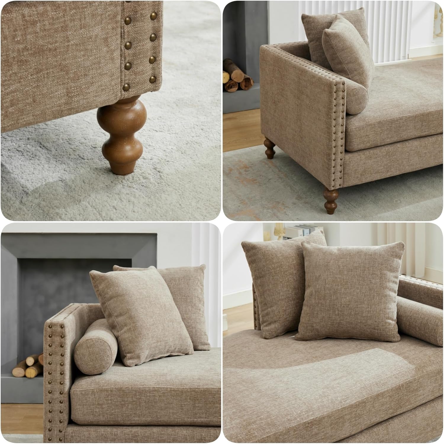 KEIKI 75" Chenille Indoor Chaise Lounge Chair with 4 Pillows, 2 Bolsters & Nailheads, Upholstered Sleeper Sofa Couch Day Bed, Rubber Wood Legs Daybed Recliner Bench for Living Room Bedroom Apartment