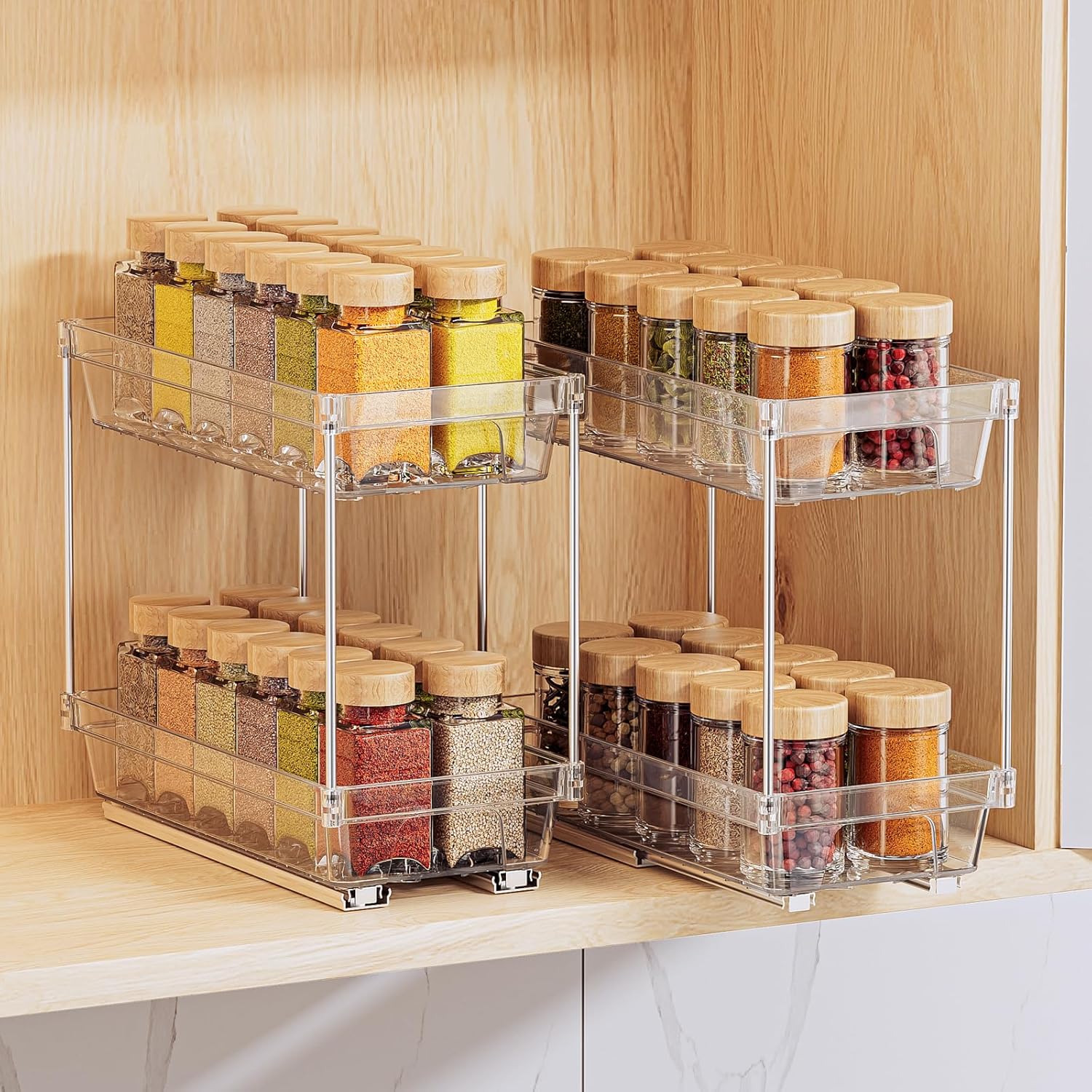 2 Packs Pull Out Spice Rack Organizer for Cabinet, 2 Tier Vertical Spice Organization, 5.47" Wx11.14 Dx9.76 H, Cabinet Size Need:13'' High x 12'' Deep x 6'' Wide(Not for Cabinet with Lip)