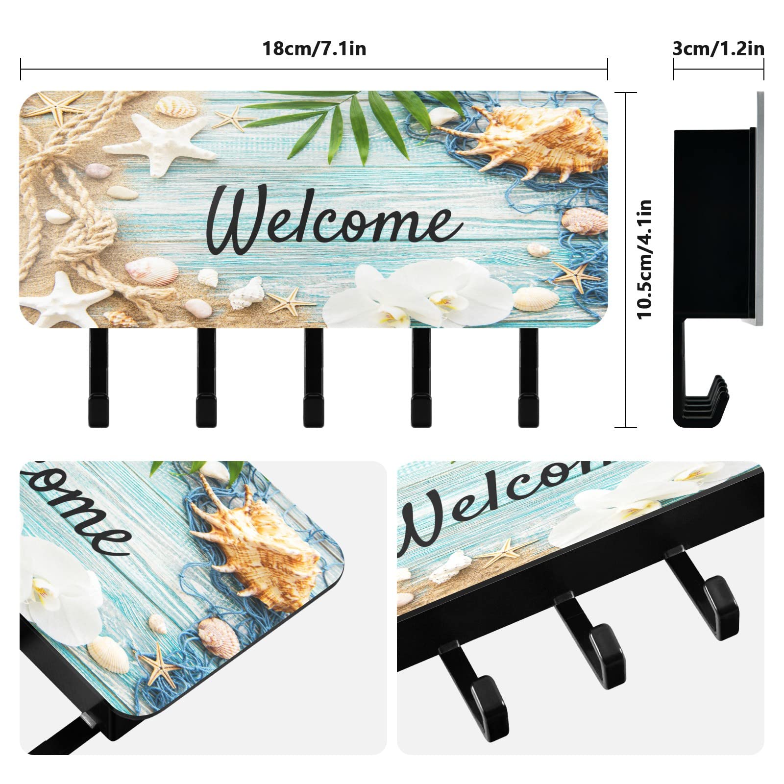 OURVII Key Holder for Wall Vintage Blue Board Starfish Wall Mounted Key Hook, Summer SeashellsMail Holder Wall Mounted, Entryway Mudroom Hallway Home Decorative Key Organizer Rack with 5 Hooks