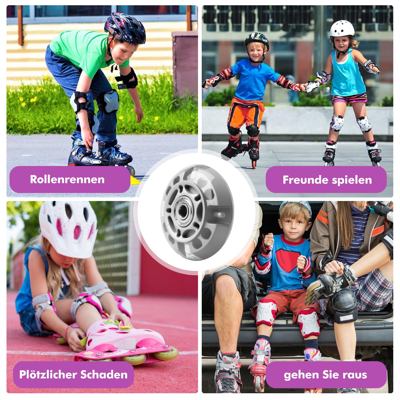 Lot de 8 roues de rollers LED 72 mm – Roues lumineuses avec roulements à billes – Roulettes de rechange pour patins à roulettes et patins de fitness