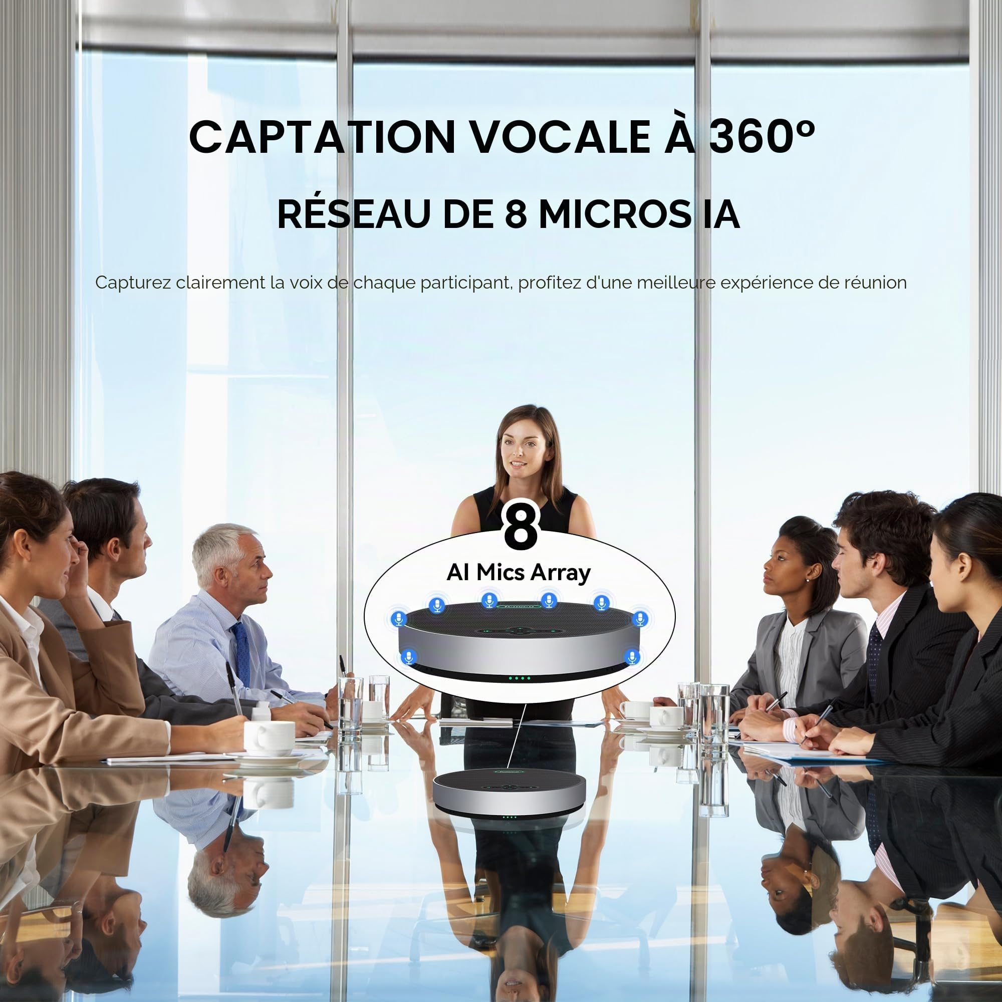 Tenveo Haut-Parleur de Conférence Bluetooth sans Fil, 8 Micros Omnidirectionnels 360°, Portée 6m, 18H Autonomie, Microphone de Réunion USB pour 15 Personnes, Compatible Zoom/Teams/PC