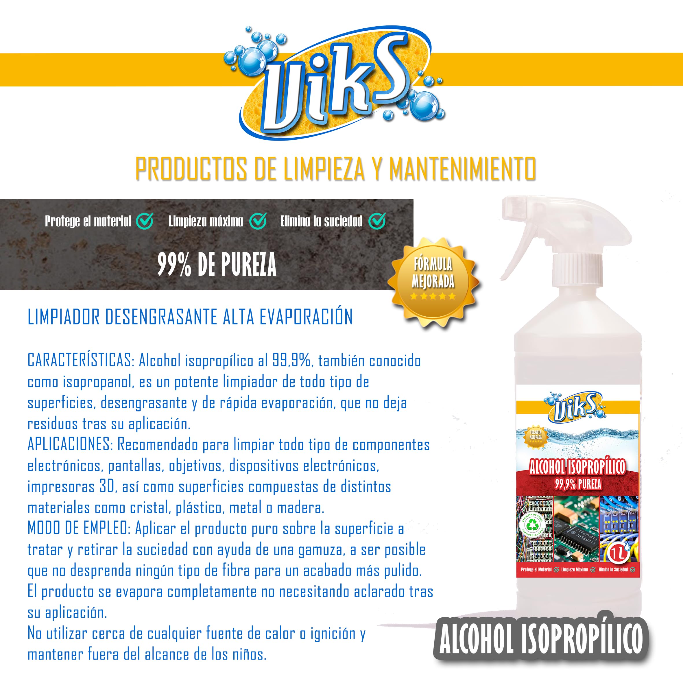 Viks | ALCOHOL ISOPROPÍLICO 99,99% PURO | 20L | Limpia contactos electronicos | Etiquetado Ecológico | Limpiador de Componentes Electrónicos, Impresoras 3D, Objetivos y Pantallas | isopropyl alcohol