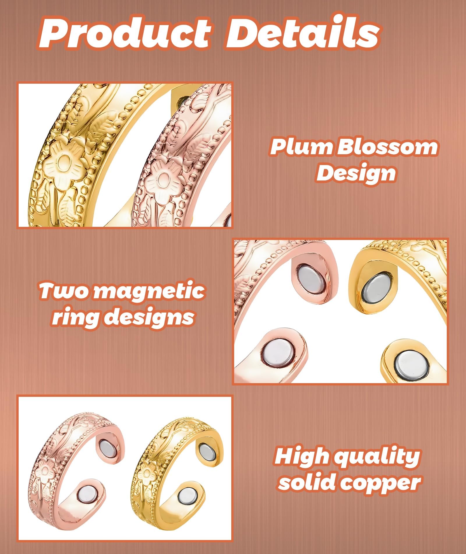 2Pcs Blood Sugar Control Ring Adjustable Magnetic, Copper Ring for Men Therapy Ring for Blood Sugar Management Diabetic Control for Men and Women (Gold, Pink) - Image 6 thumbnail
