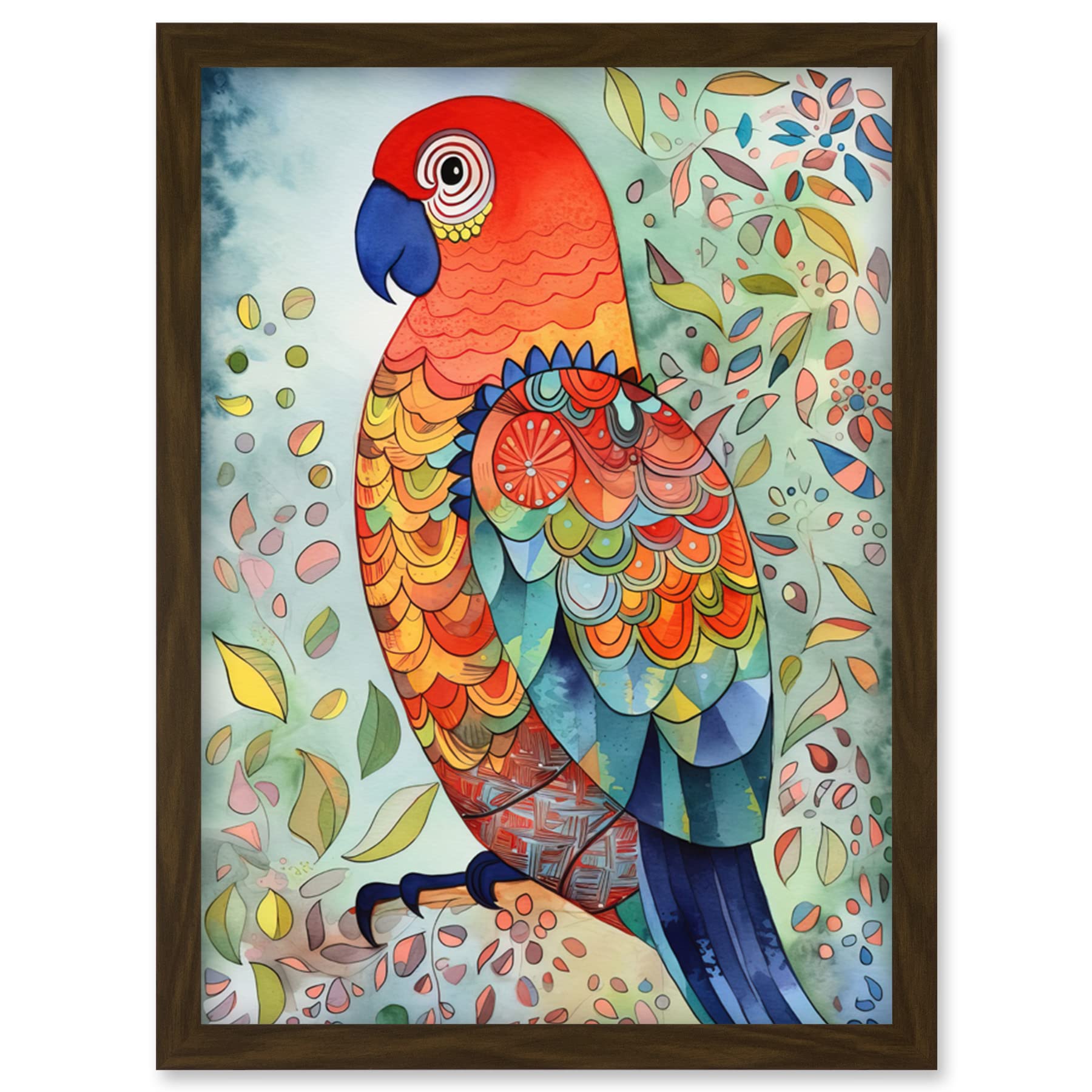 Artery8 Parrot Bird Portrait Folk Art Watercolour Painting Artwork Framed Wall Art Print A4