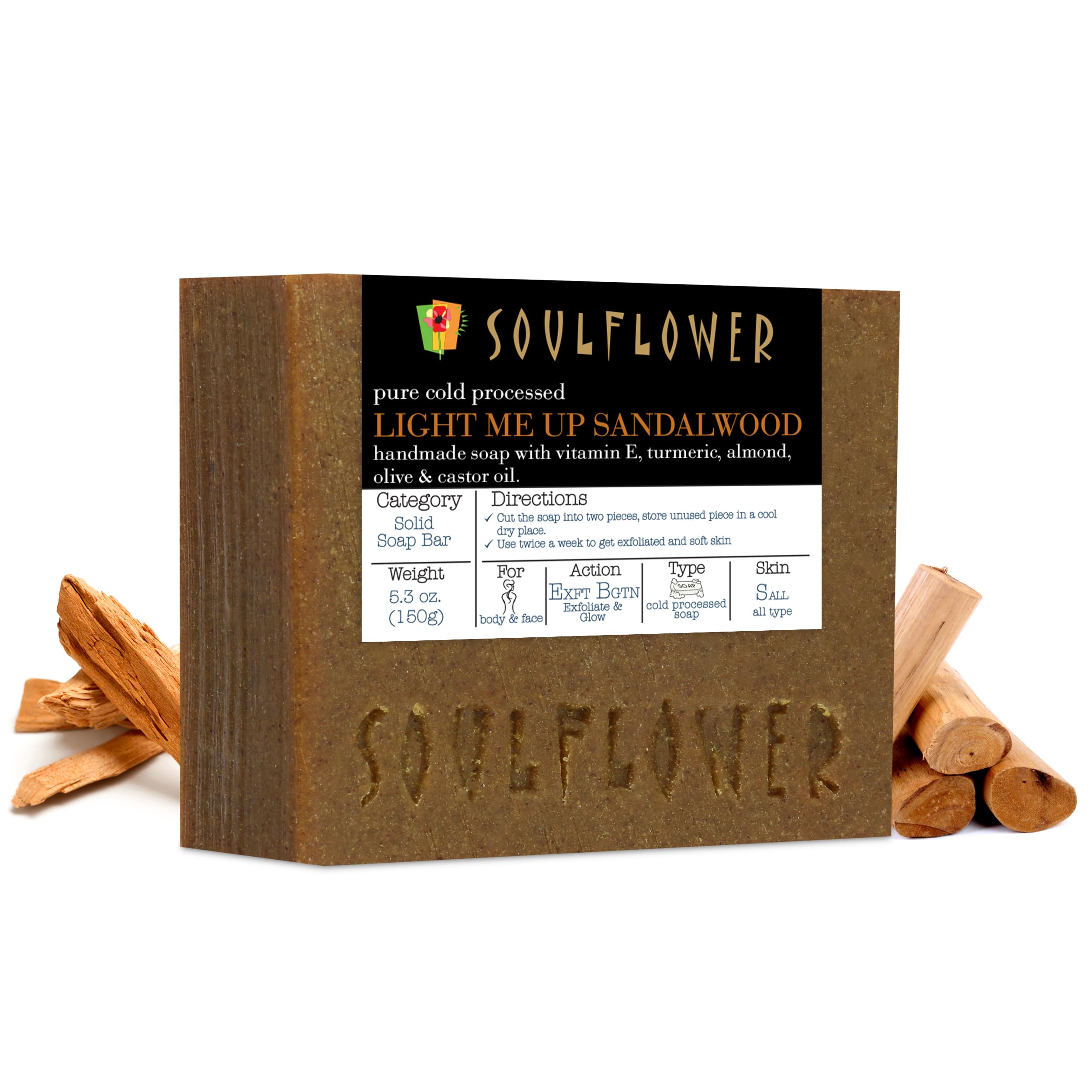 Soulflower Handmade Solid Soap Bars, Light Me Up Sandalwood Soap