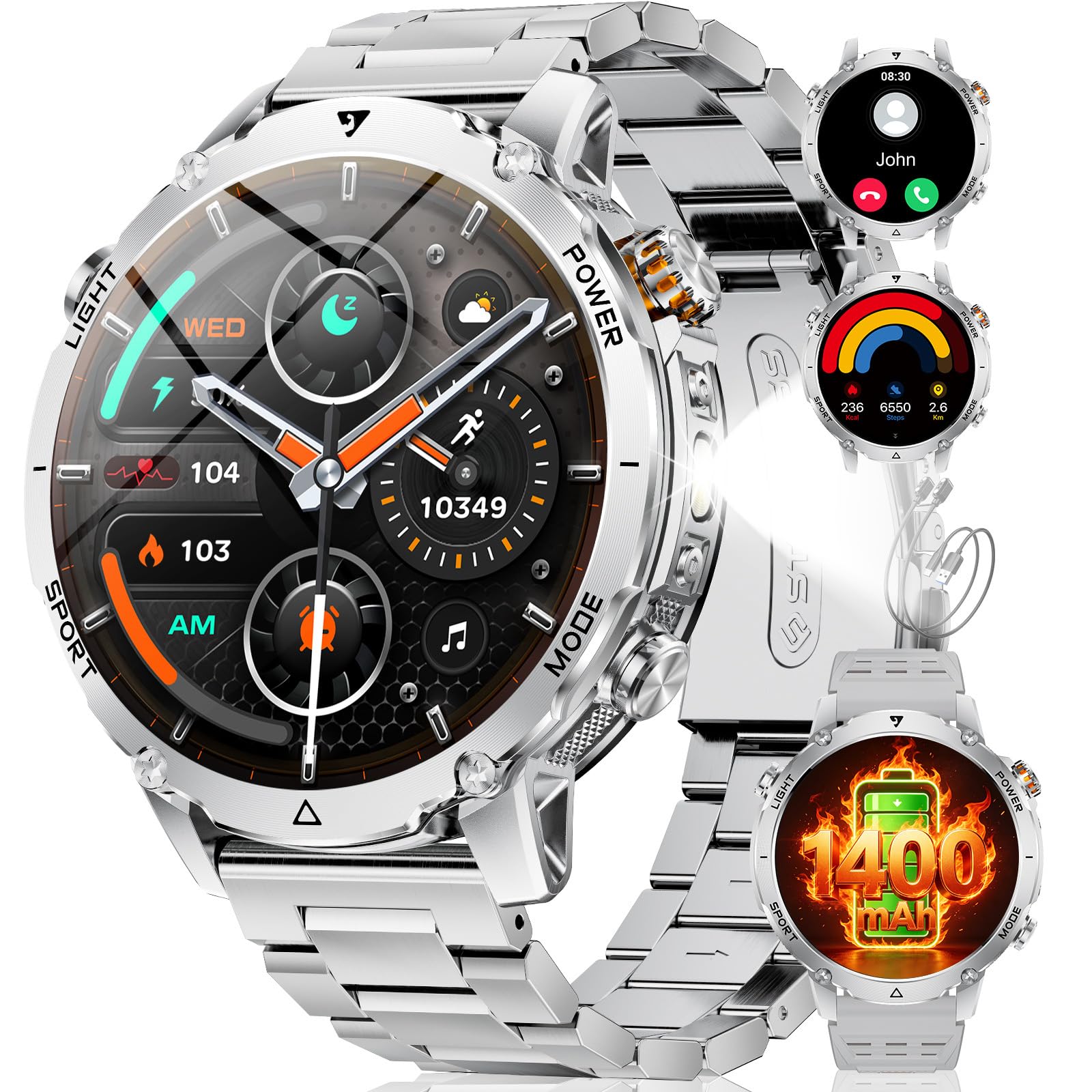 LIGE Reloj Inteligente Hombre 1400mAh Larga Duración, 1.7" Smartwatch Militar con Linterna LED, Llamadas Bluetooth, 120+ Deportes, Impermeable, Frecuencia Cardíaca,Android iOS,2 Cargadores,EF26-C