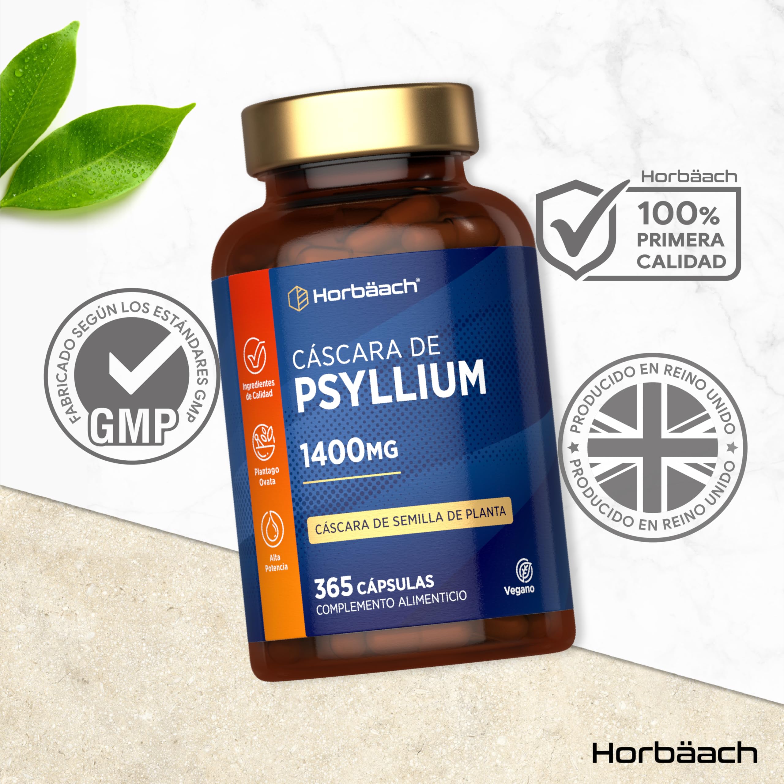 Psyllium Husk 1400 mg | 6 Meses de Suministro - 365 Cápsulas Veganas | Cáscara de Psyllium | Fibra de Psilio | Suplemento Fuente de fibra | Prebiótico Natural | Horbaach