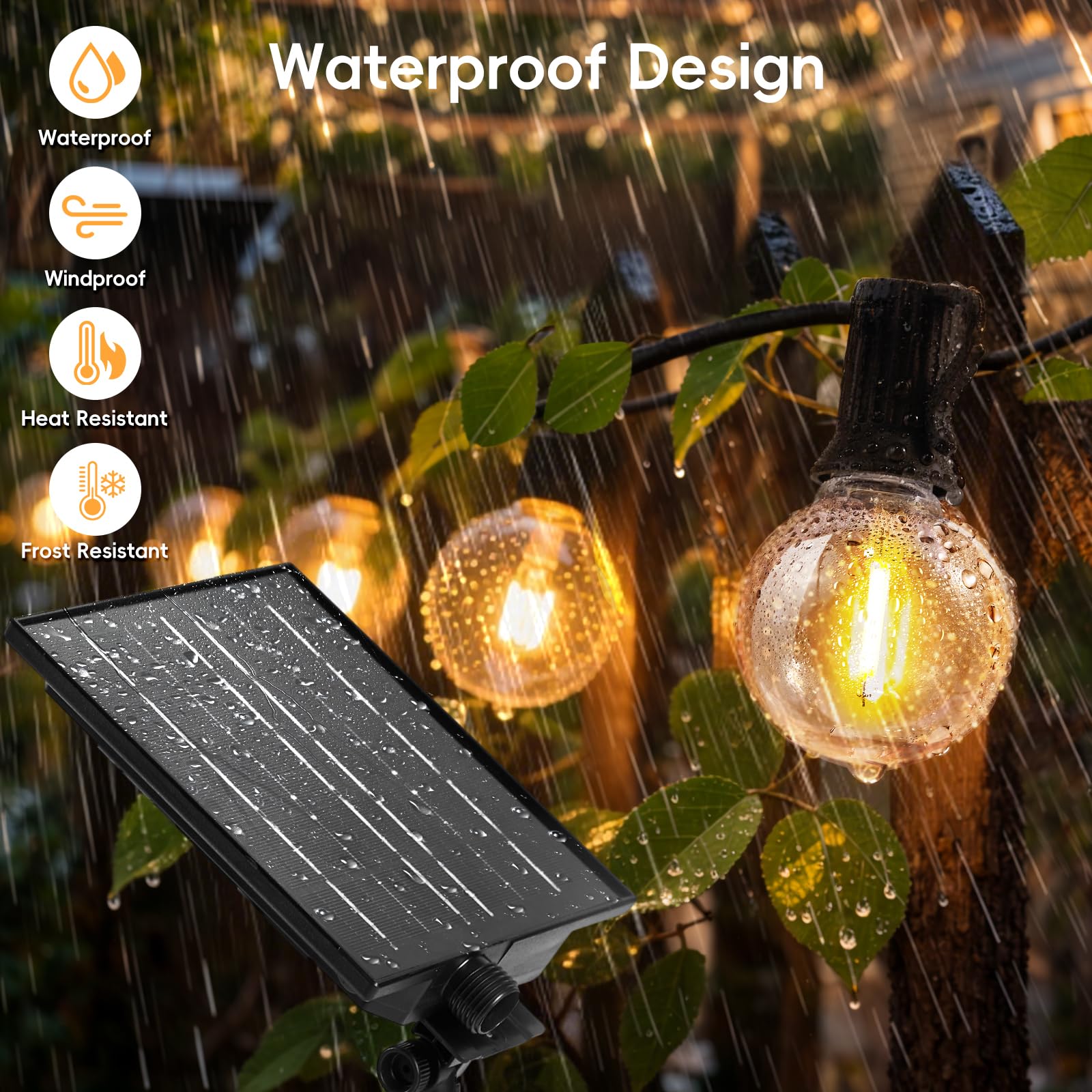 Stringa di luci solari da giardino all'aperto, 30 m, luci solari per esterni, con 50+2 lampadine LED infrangibili G40, luci impermeabili, 8 modalità a distanza, per pergola, gazebo, patio