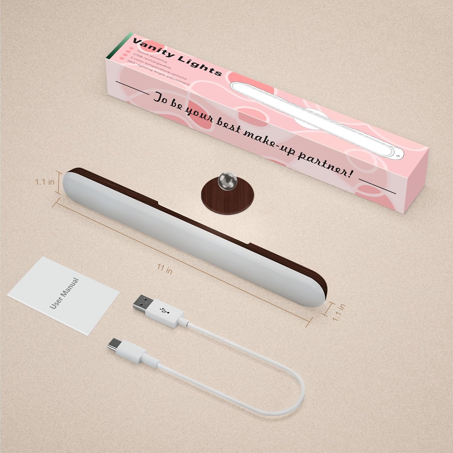 Benreom Vanity Light for Mirror with 4000mAh Rechargeable Battery, Touch Control Dimmable Makeup Light with 3 Color Modes, Magnetic 360° Adjustable LED Bathroom Mirror Light, Dark Wood