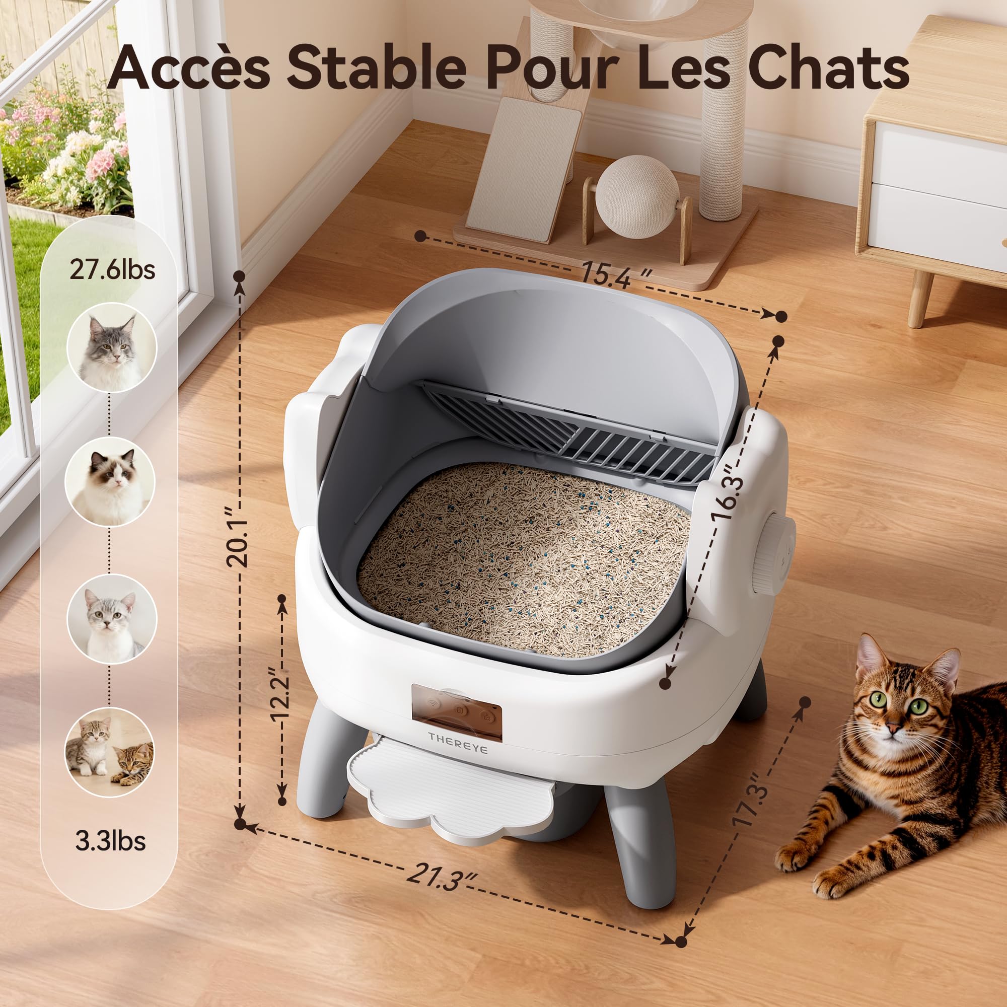 Thereye Litière Automatique Auto-Nettoyante, Litière pour Chat Autonettoyante 10L, 11 Capteurs Anti-Pincement, WiFi 2.4GHz App, Triple Anti-Odeur, Marche d’accès, Silencieux <35dB