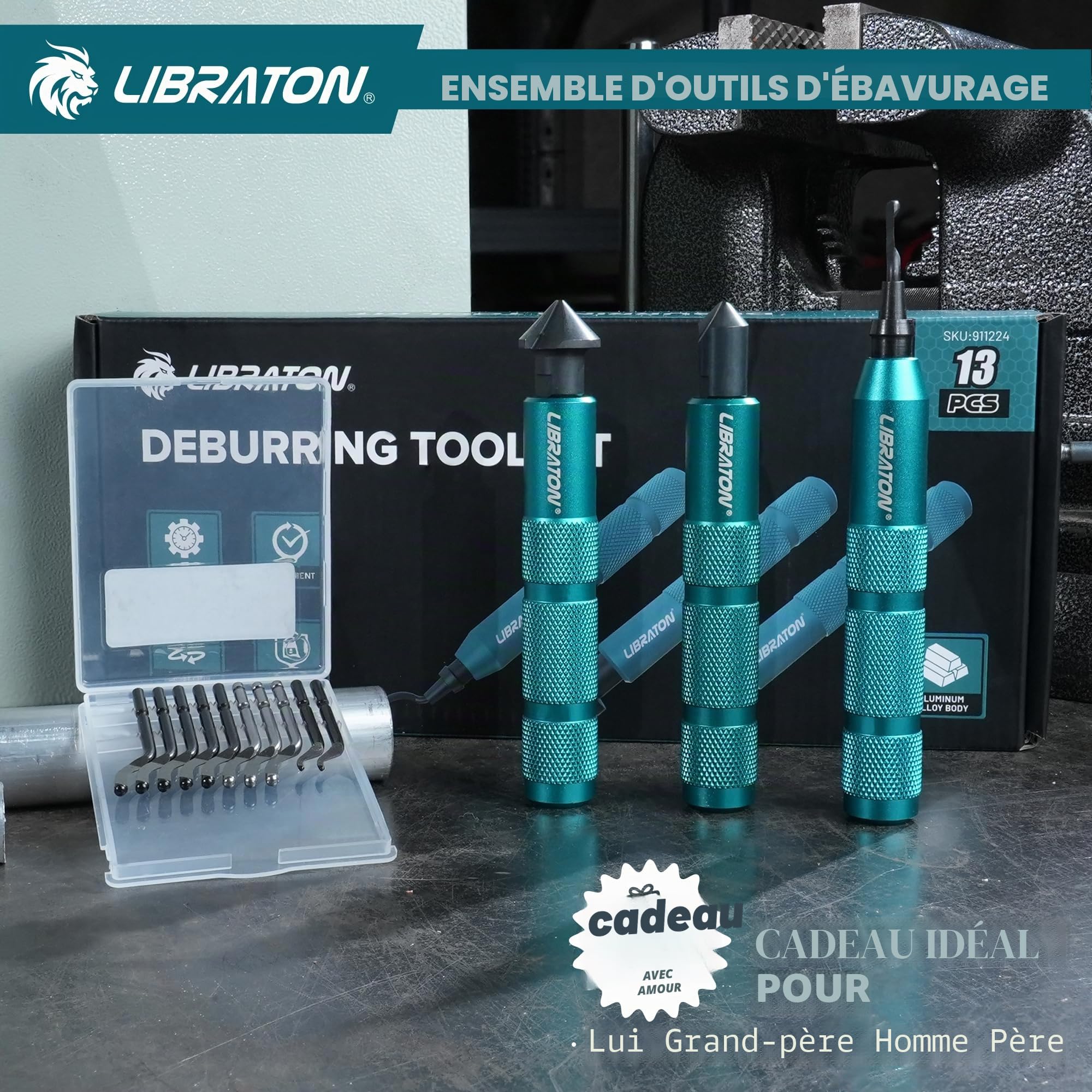 LIBRATON Ebavureur, Outil D'ébavurage Manuel, Alésoir Manuel Rotatif à 360° | avec 10 Lames HSS, pour Métal, Résine, PVC, Plastique, Cuivre, Imprimante 3d, Bois – Outil d'ébavurage et Finition Bord