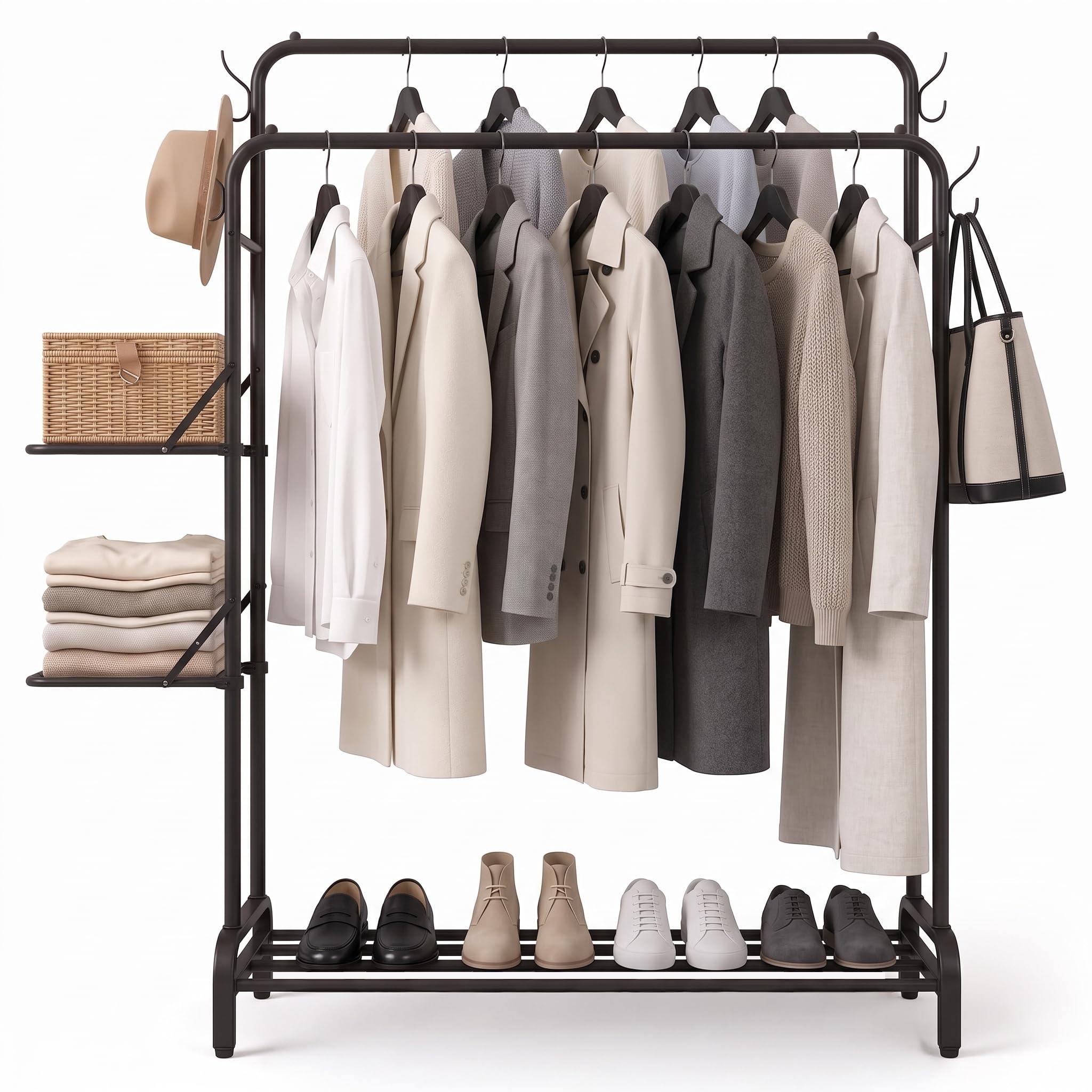 Klass Home Collection Heavy Duty Clothes Rail For Bedroom, Home & Shops, 100KG Load Clothes Rack With Adjustable Shelves, Free Standing Wardrobe Metal Double Clothing Rail For Hanging Garments, Coats-image-34