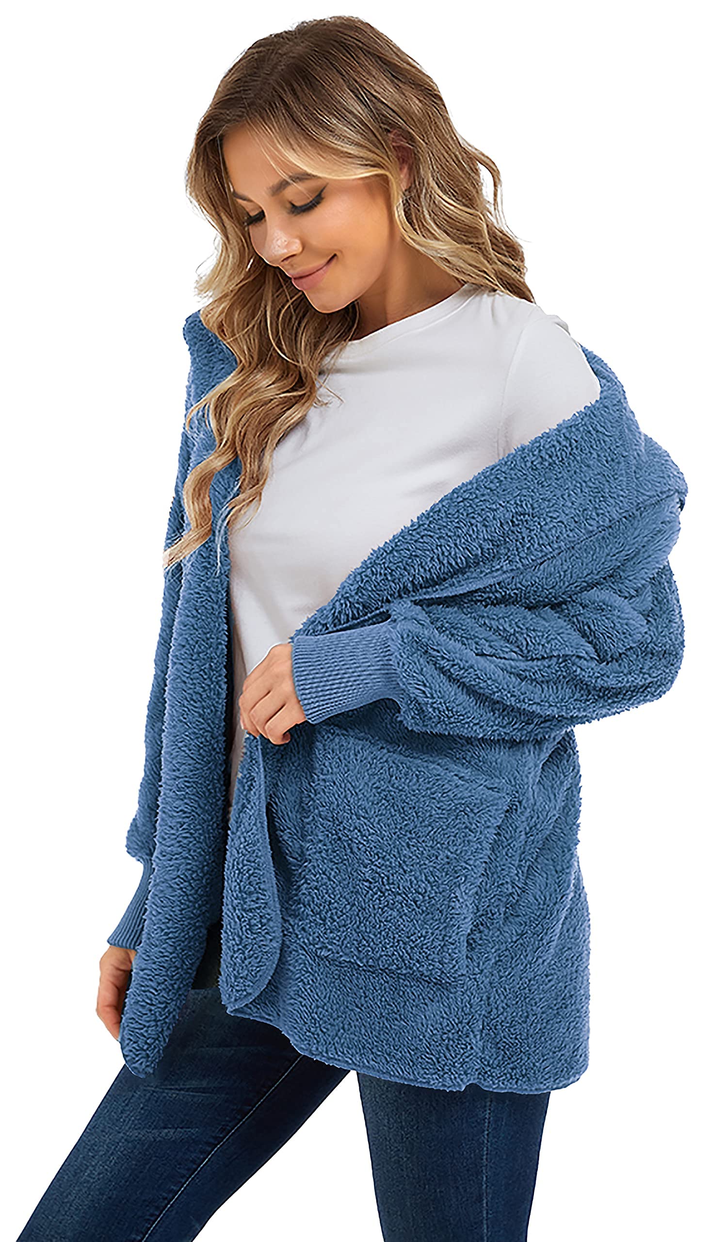 CHICGAL Giacca pelosa da donna con cappuccio, aperto sul davanti, in sherpa, con tasche