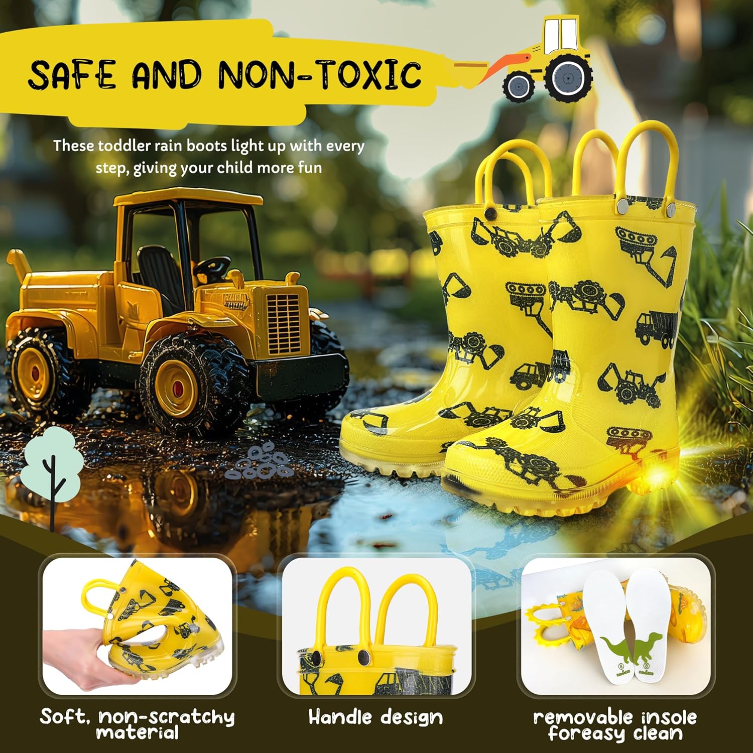 Funspread Toddler Rain Boots Boys Rain Boots - Patterns Light Up Kids Rain Boots with Easy-On Handles Lightwight Waterproof Rain Shoes (Toddler/Little/Big kids)