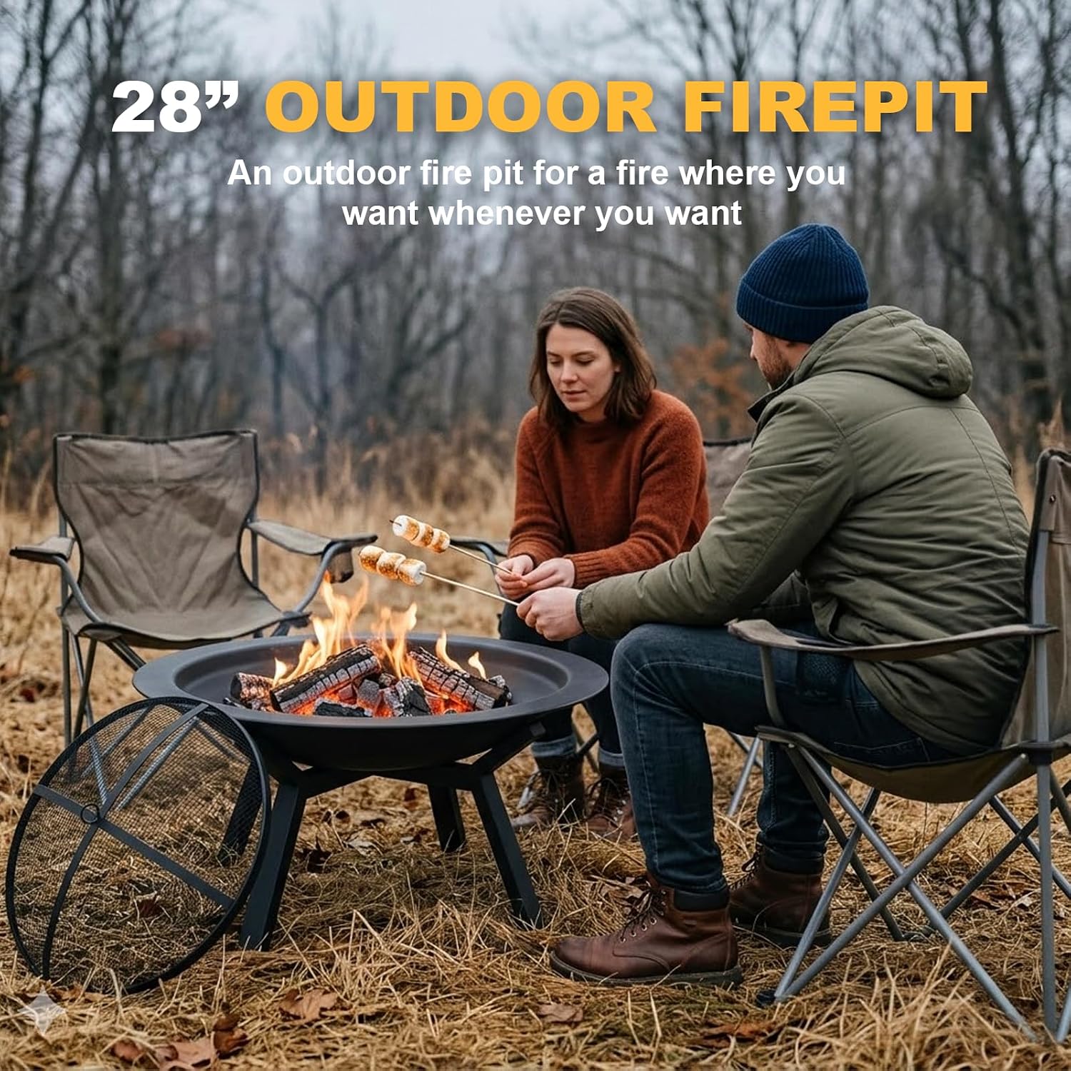 Outdoor Wood Burning Fire Pit, Heavy Duty Round Steel Fire Bowl for Backyard, Patio, Camping, Bonfire, Black Finish, with Mesh Spark Screen and Hook