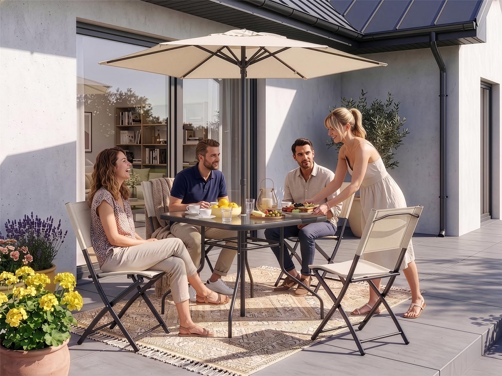 Home Collective Juego de muebles de jardín para balcón, juego de comedor al aire libre, muebles de terraza, 6 piezas, 4 sillas plegables, 1 mesa de cristal, 1 sombrilla, resistente a la intemperie