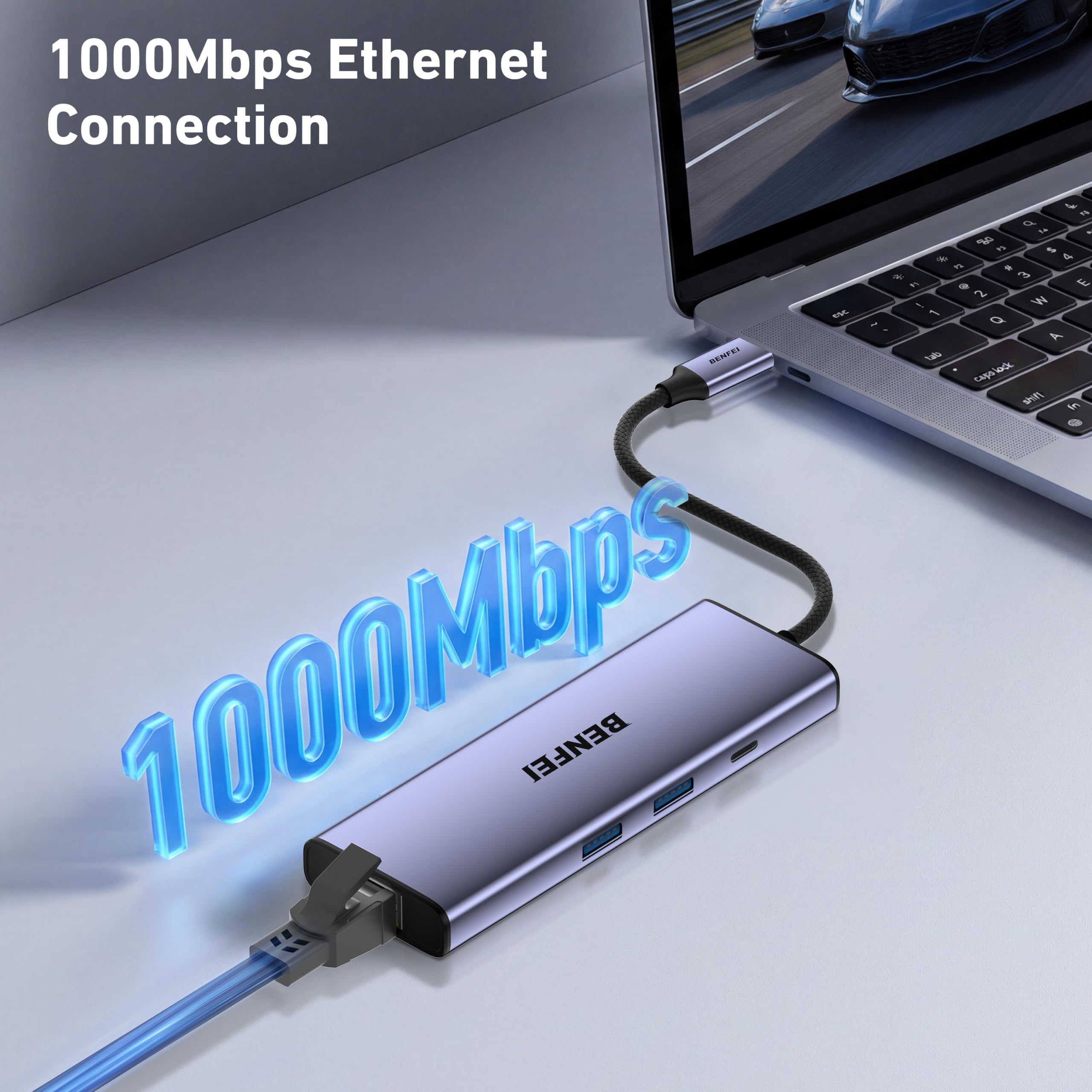 BENFEI Hub USB-C MST 7-in-1, DisplayPort 8K e HDMI 4K a 60 Hz, Gigabit Ethernet, PD da 100 W, 1 porta USB-C da 5 Gbps e 2 porte USB-A 3.0 per MacBook, iPad, iMac, iPhone 17/16/15, Galaxy, XPS