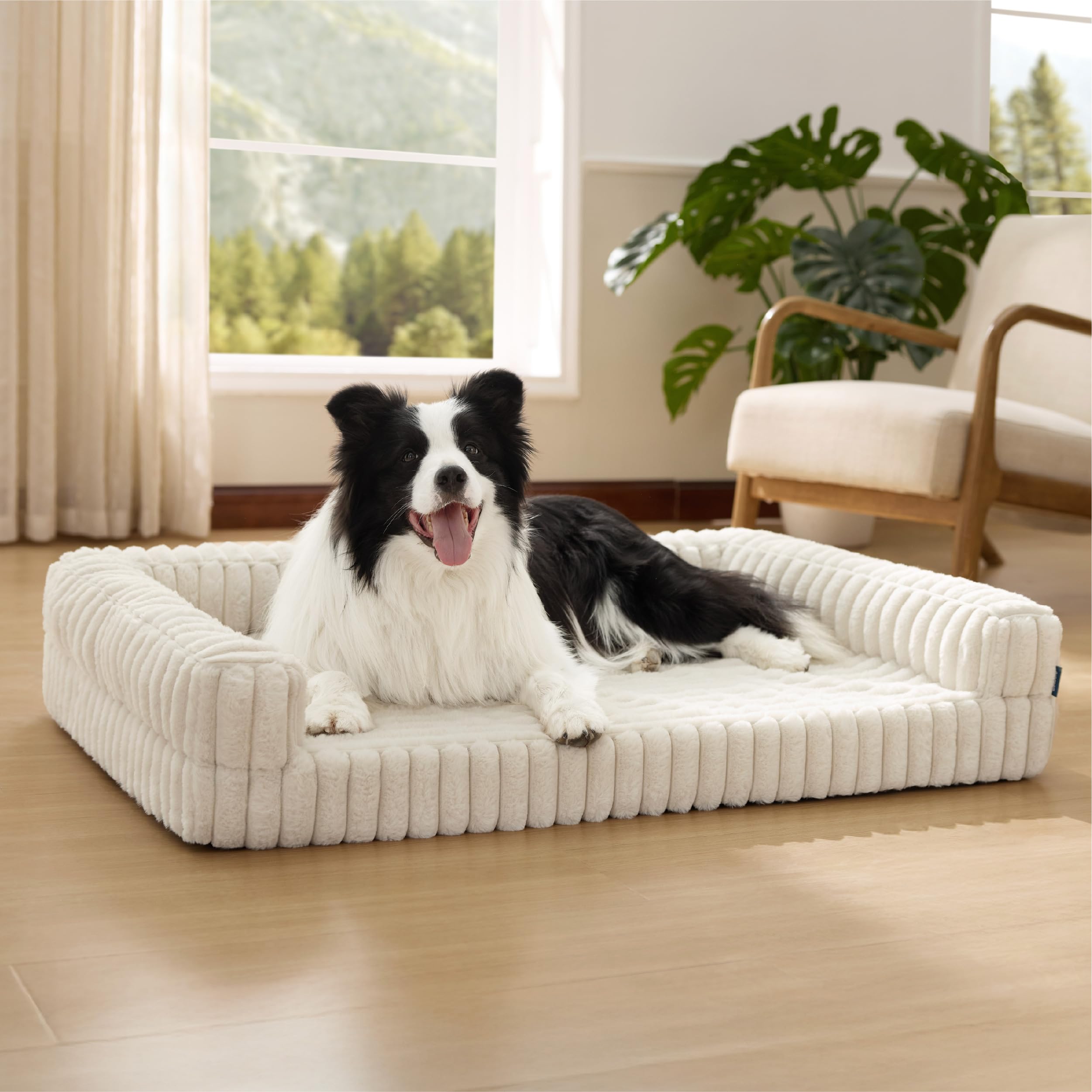 Bedsure ComfyFleece™ Orthopedic Dog Beds Large Sized Dog, Waterproof Memory Foam Pet Bed with Sides, Non-Slip Bottom and Egg-Crate Foam Large Pet Couch Sofa with Washable Corduroy Cover, Cream