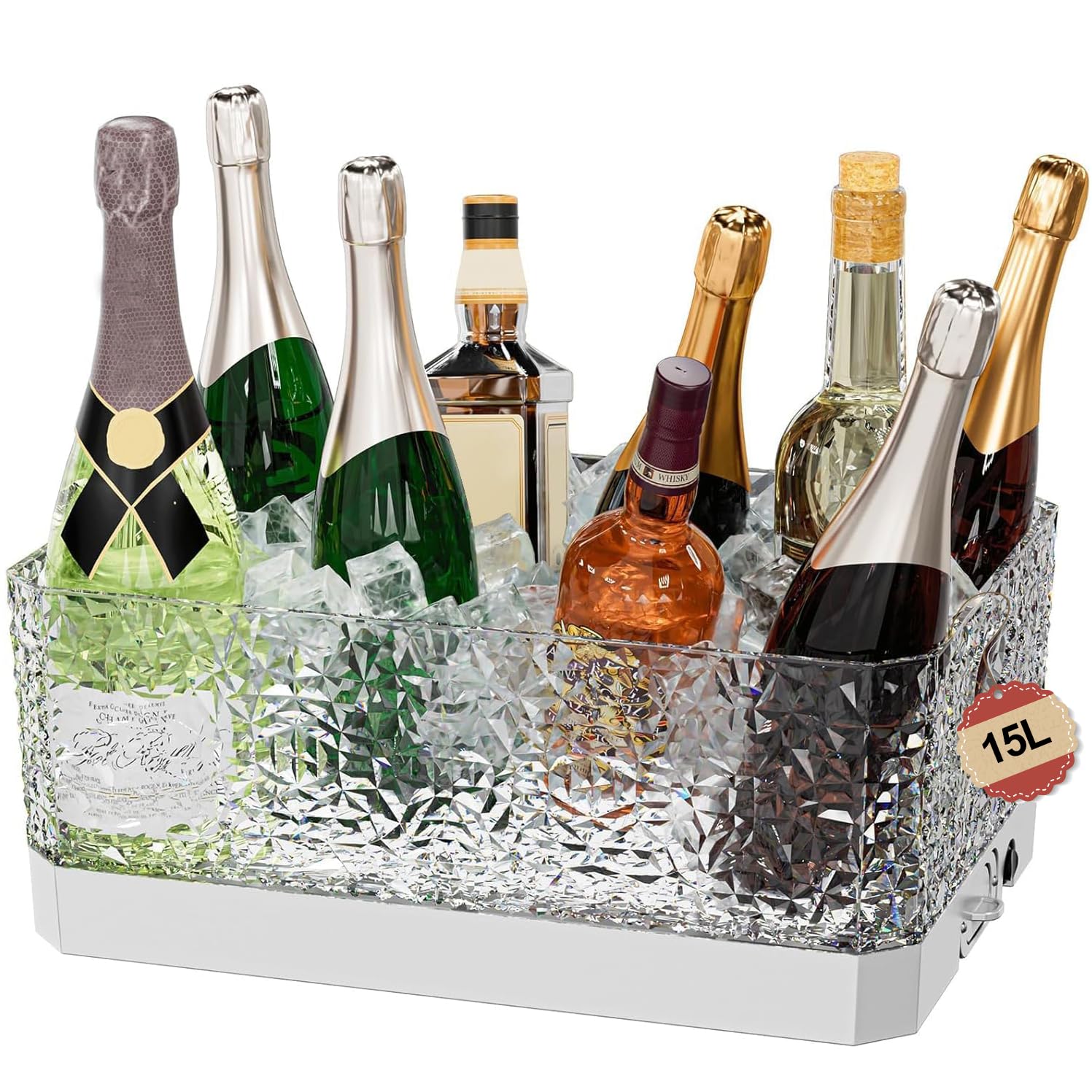 Plastic Ice Bucket for Parties, 15Liter / 4 Gallon Big Large Clear Beverage Tub for Champagne Beer Drink Wine Cocktails Bar, Hosting Party Essentials, LED Light Up, Rectangular, Leakproof