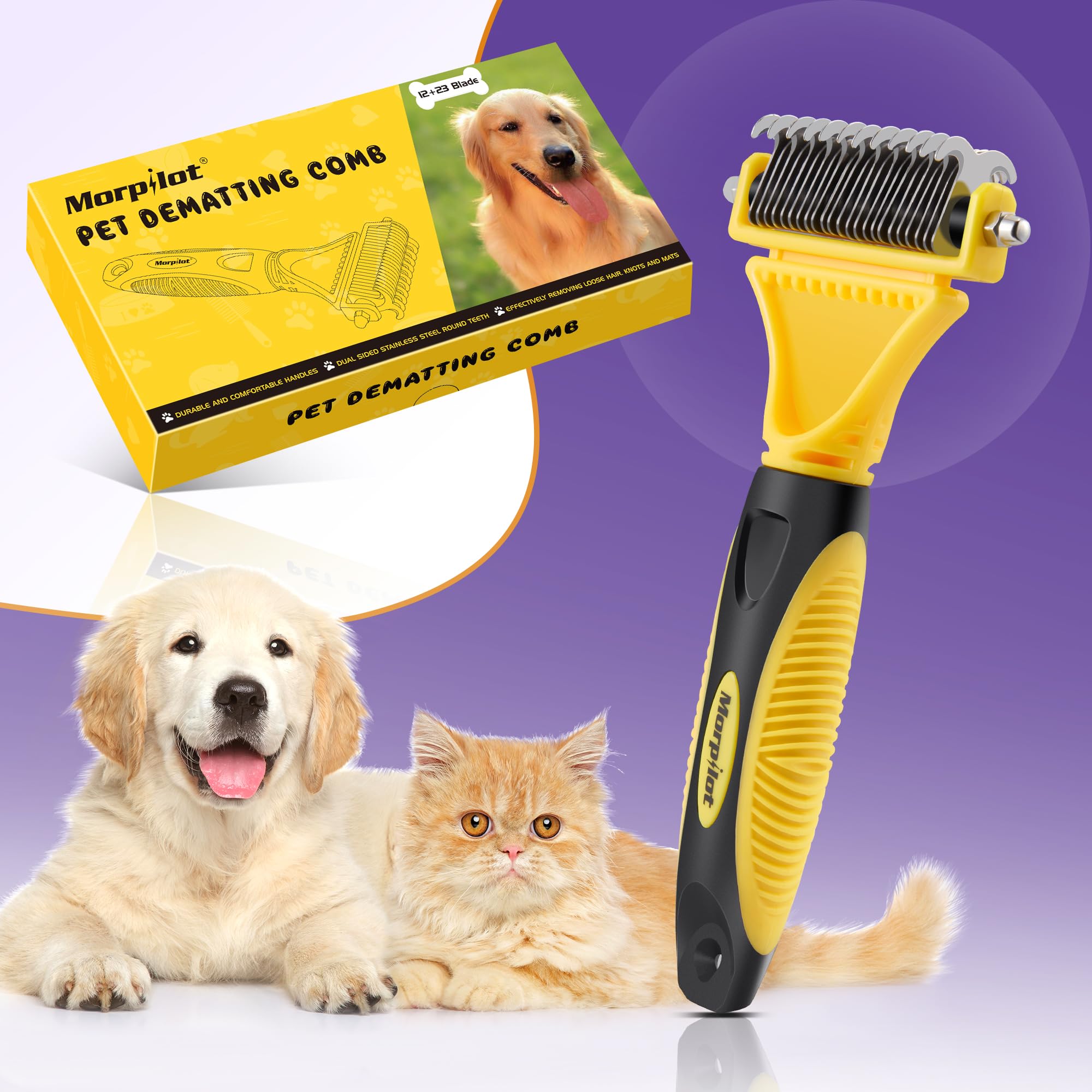 Morpilot Spazzola per Cani Gatti Pelo Lungo, Pettine per Cani Professionale Spazzola Sottopelo Cardatore per Rimuovere Peli Superflui Sbrogliare Nodi