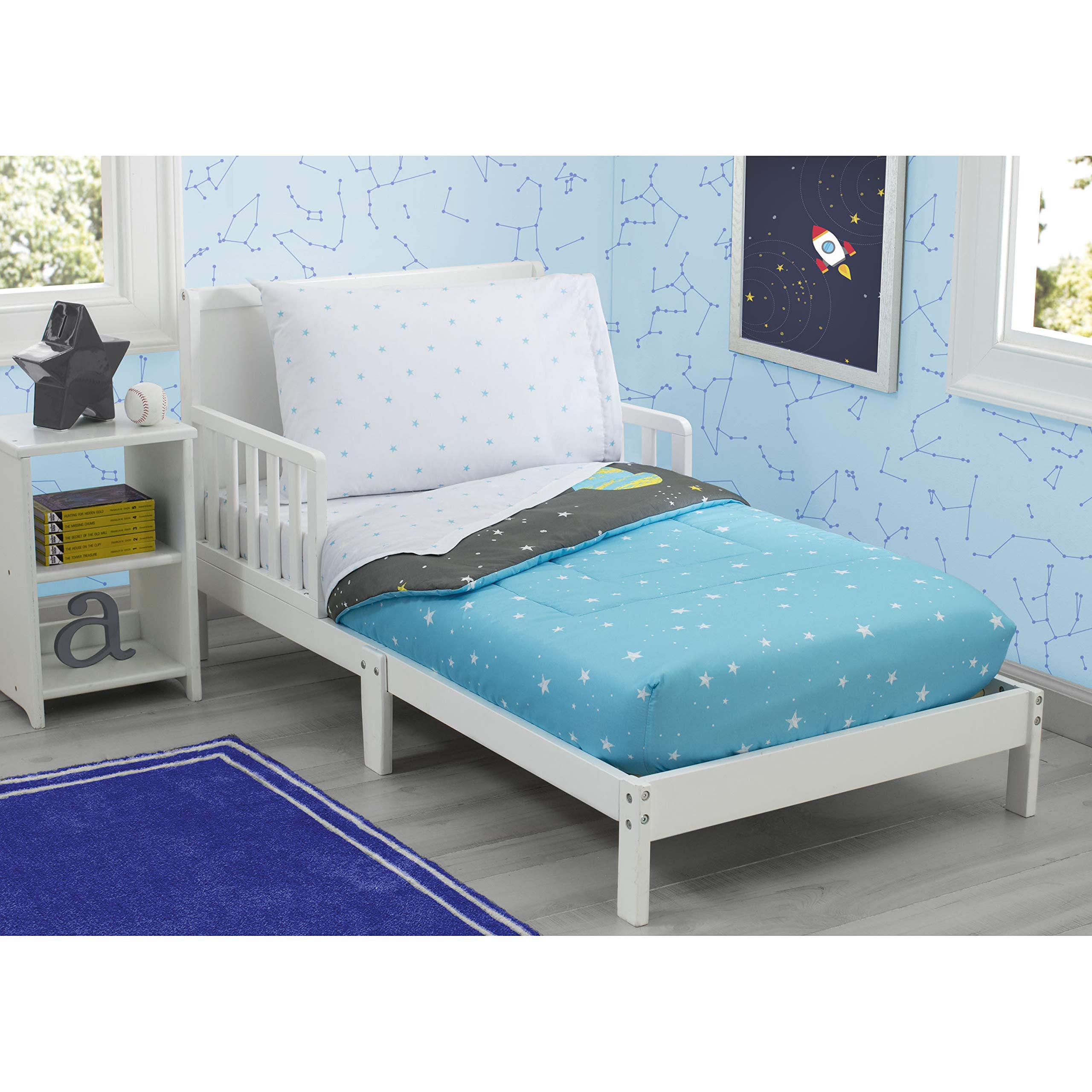 Delta Children Toddler Bedding Set | Boys 4 Piece Collection | Fitted Sheet, Flat Top Sheet w/Elastic Bottom, Fitted Comforter w/Elastic Bottom, Pillowcase, Galaxy Outer Space| Grey/Multi