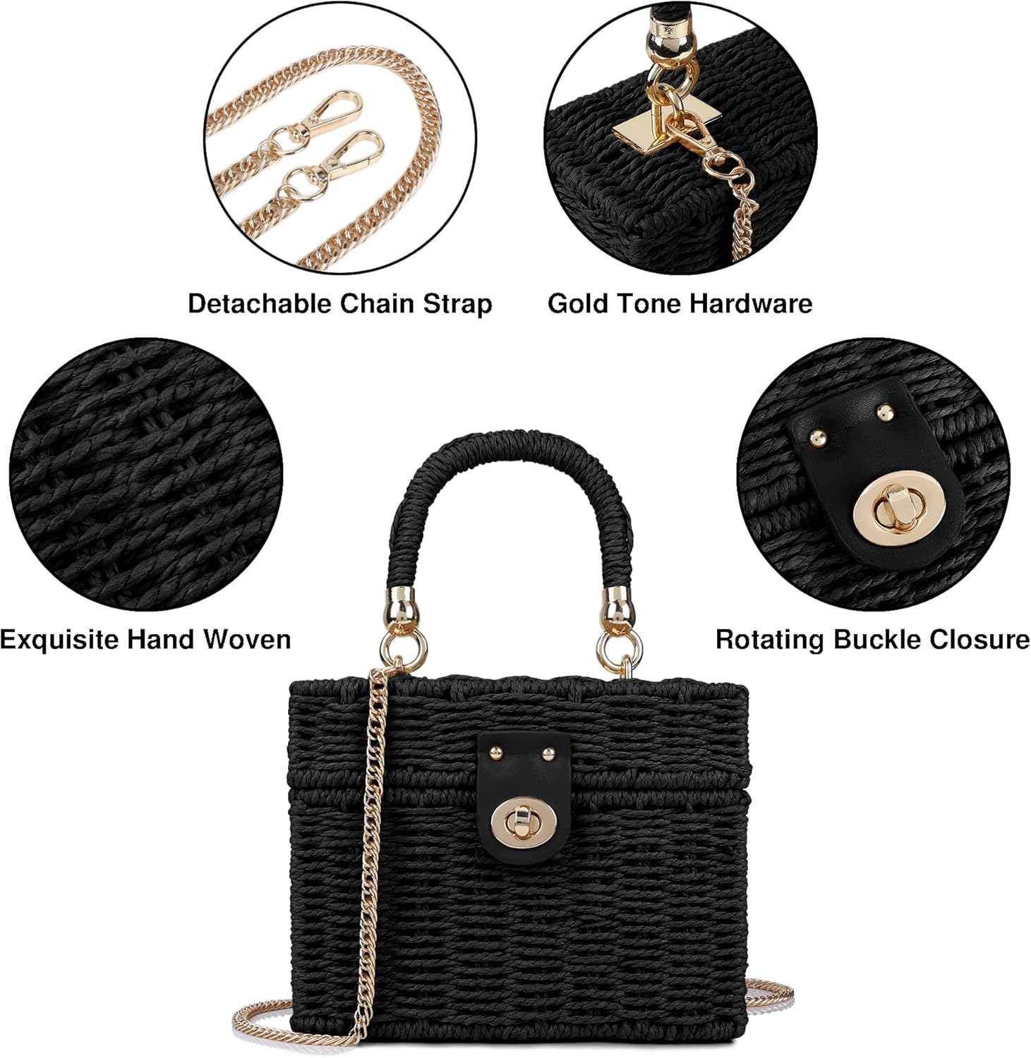 Handwoven Rattan Bag for Women Wicker Crossbody Shoulder Bag Straw Beach Tote Bag Top Handle Satchel Handbag with Chain Strap - Image 5