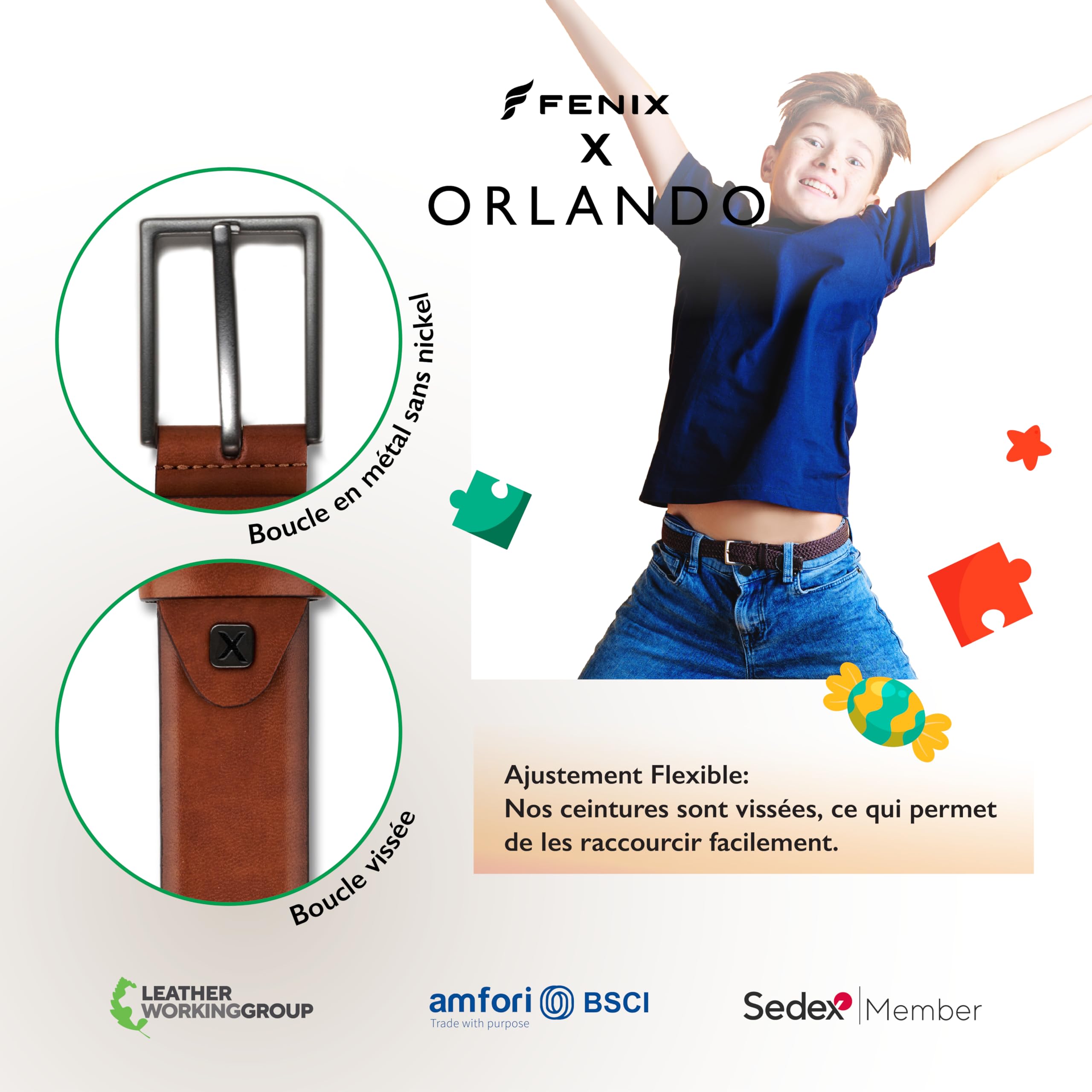 FENIX ORLANDO Ceinture enfant garçon et filles, ceinture en cuir pour uniforme et Jeans, ceinture ado, ceinture réglable en cuir, taille 55 cm à 75 cm, boucle sans nickel 30 mm de large