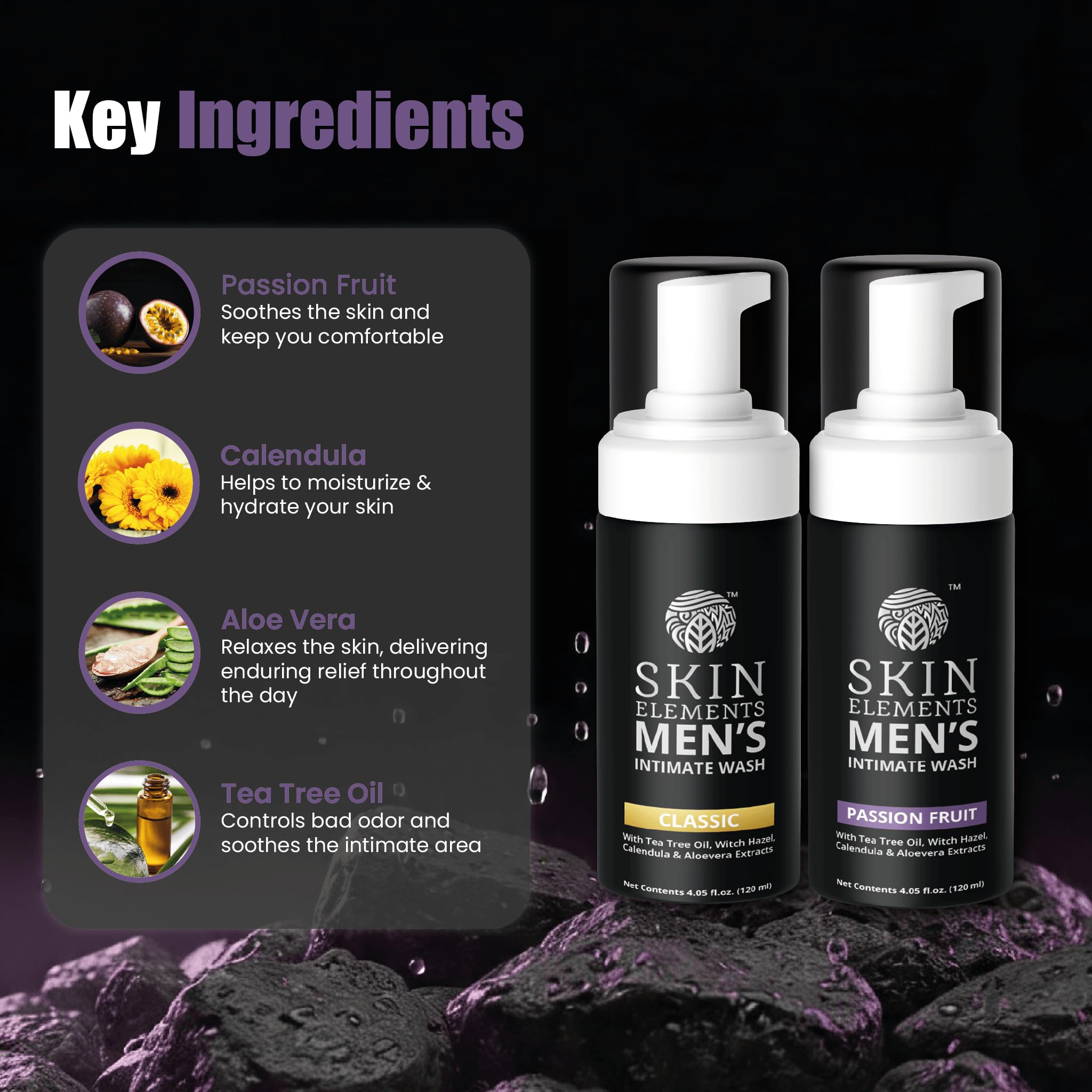 Skin Elements Men's Intimate Wash Combo - Paquete de 2 | Aceite de árbol de té (clásico) + fruta de la pasión | Previene la picazón, la irritación y el mal olor | (240 ml)
