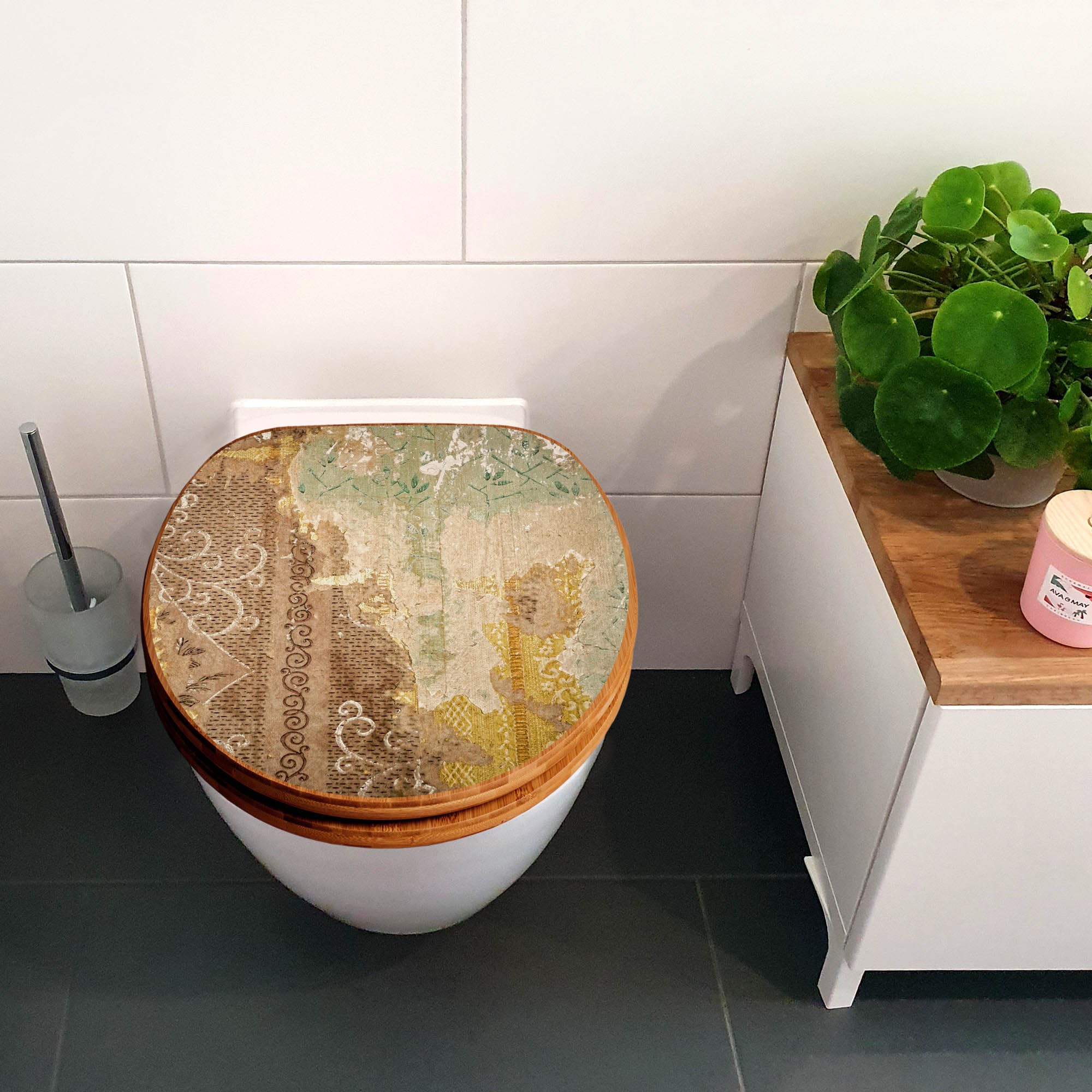 banjado Design WC Sitz Bambus Absenkautomatik 45,8x37,5cm - Toilettendeckel mit Absenkautomatik Holz - hochwertiger Bambus Klodeckel - WC-Sitz für gängigen Toiletten - Motiv Alte Tapeten