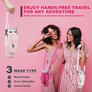 BULKITEM Water Bottle Carrier Bag with Phone Pocket for Stanley 40 & 30 oz Tumbler with Handle,Pink Insulated Neoprene Cup Holder Pouch w/Adjustable Strap for Quencher H2.0 Stanley Cup Accessories