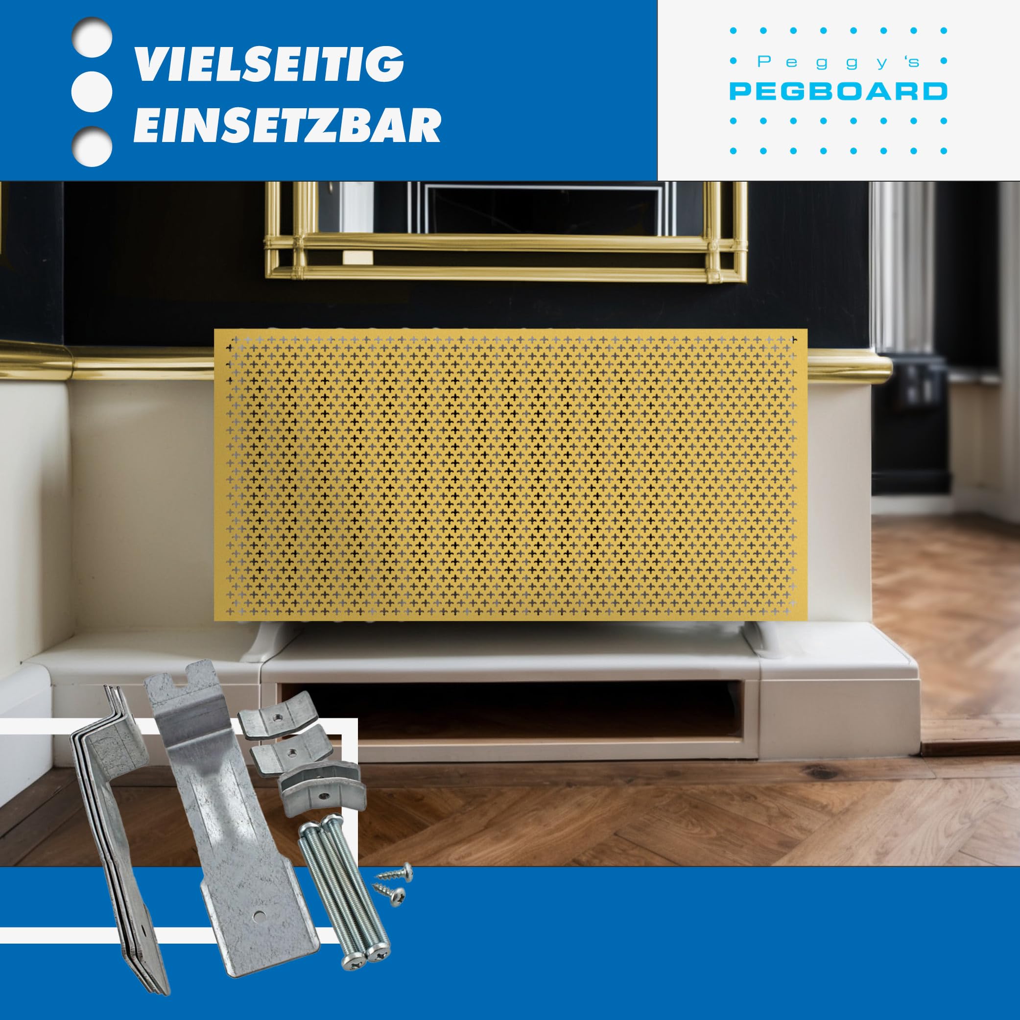 Pegboard - 2 x Set Halterung für Heizkörperverkleidung aus 2 mm Stahlblech verzinkt für Rippenheizkörper und Röhrenheizkörper, Befestigungssatz mit 4,5 cm Breite zum Einhängen - Made in Germany