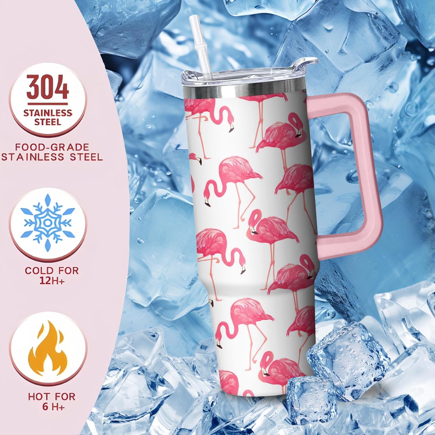 30 oz Flamingo Tumbler with Handle and Straw, Insulated Stainless Steel Cup with Lid, Travel Coffee Mug Water Bottle, Gifts for Woman Animal Lovers - Image 4