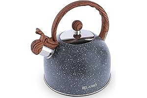 BELANKO Stainless Steel Farmhouse Tea Kettle with Rustic Wood Pattern Handle