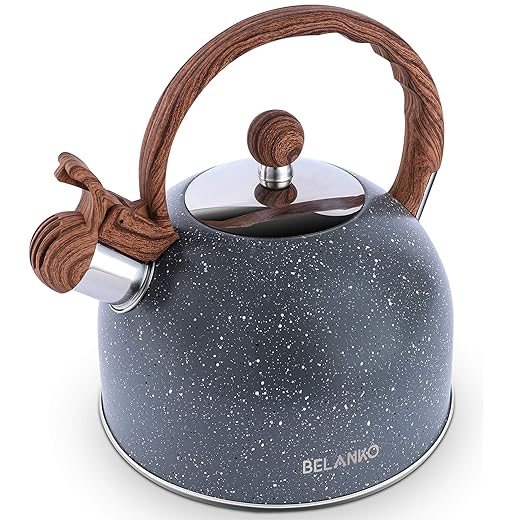 Tea Kettle, 2.3 Quart / 2.5 Liter BELANKO Stainless Steel Tea Kettles , Food Grade Stovetops Tea pot with Wood Pattern Handle Loud Whistling for Tea, Coffee, Milk etc, Gas Electric Applicable - Gray
