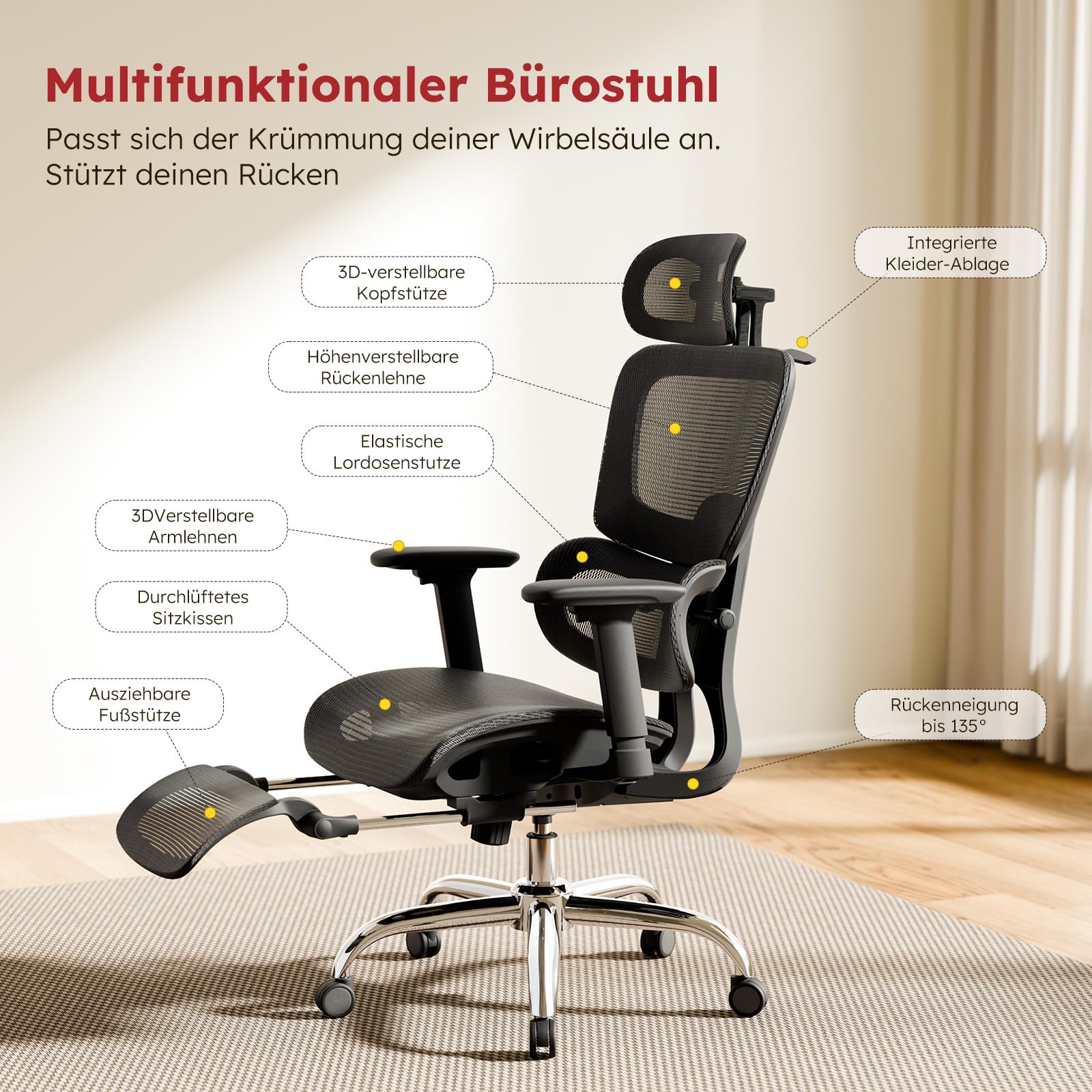 Ergonomischer Bürostuhl Voll-Mesh 150kg mit Fußstütze, Schreibtischstuhl mit Abnehmbarem Kissen, Selbstanpassende Lendenstütze, Höhenverstellbarer Rückenlehne, Kopfstütze, PU-Rolle 360°, Schwarz